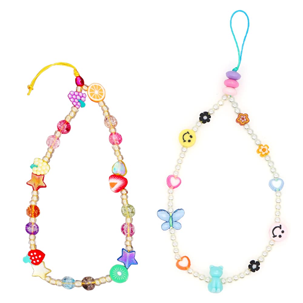 Everfunny Colorful Beaded Phone Lanyard Wrist Strap - Bohemian Style with Smiley Face, Fruit, Star & Pearl Charms - Acrylic Bead Cell Phone Holder & Keychain Accessory for Women, Teens (Perfect for Festivals, Travel & Everyday Use)