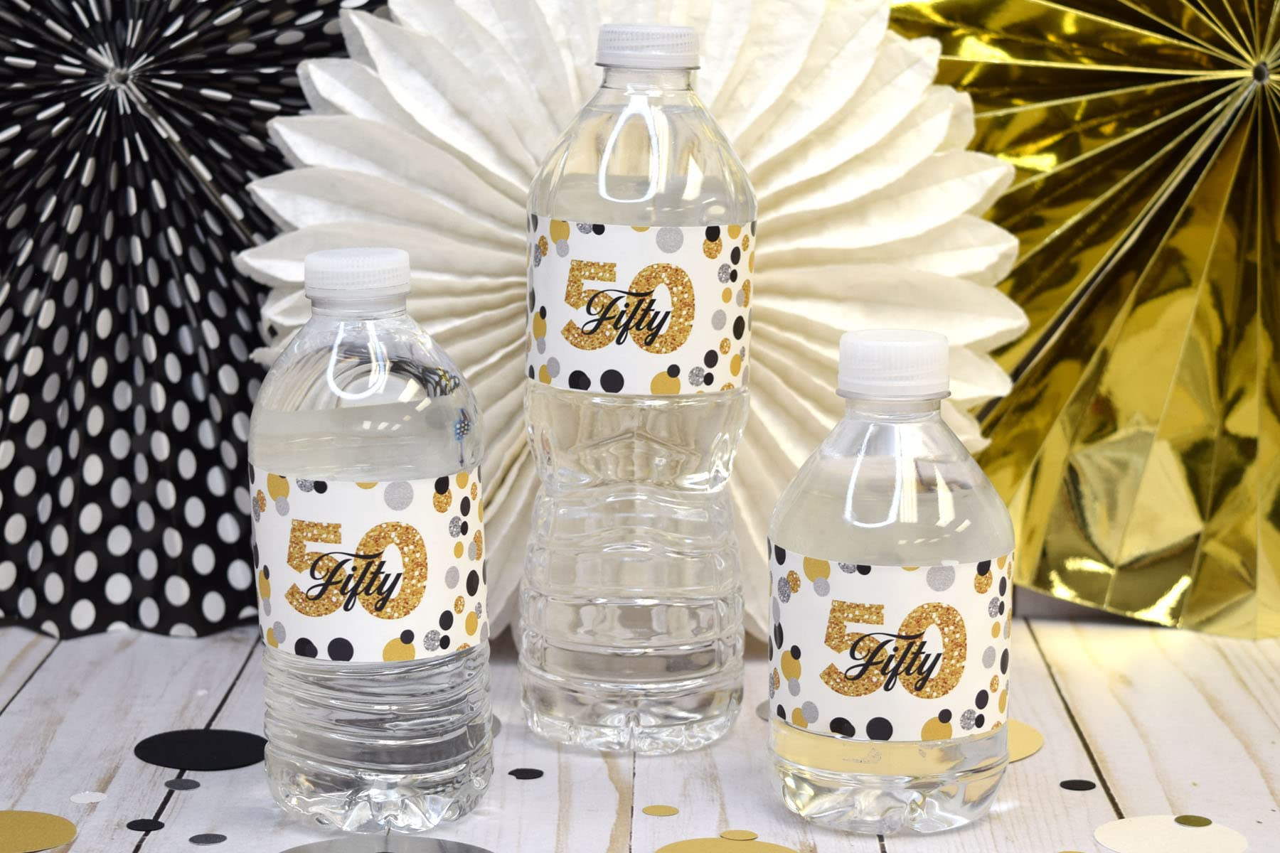 50th Birthday Party Waterproof Bottle Stickers - Confetti Polka Dot Wrap Around Labels for Anniversary Celebrations (20 Pack, 1.75
