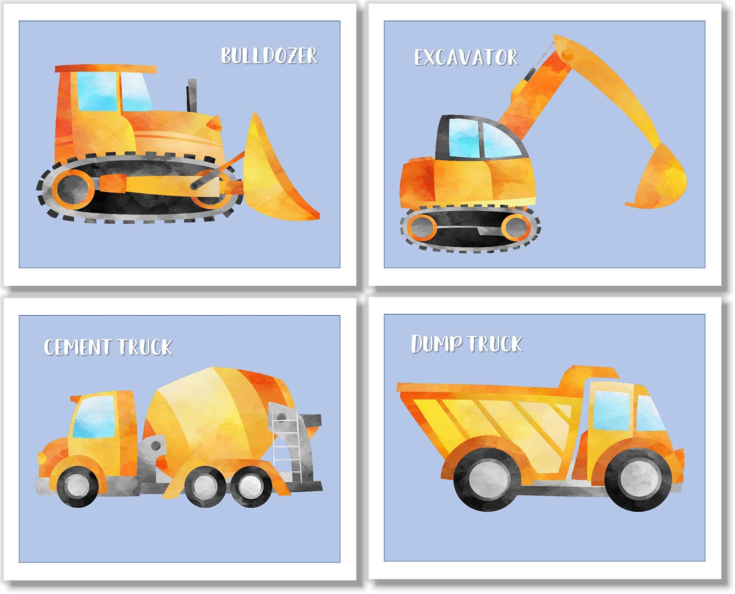 Construction Trucks Art Prints for Boys Room - Set of 4 (8x10 Inch) Unframed Wall Decor - Perfect for Nursery, Kids Bedroom & Playroom