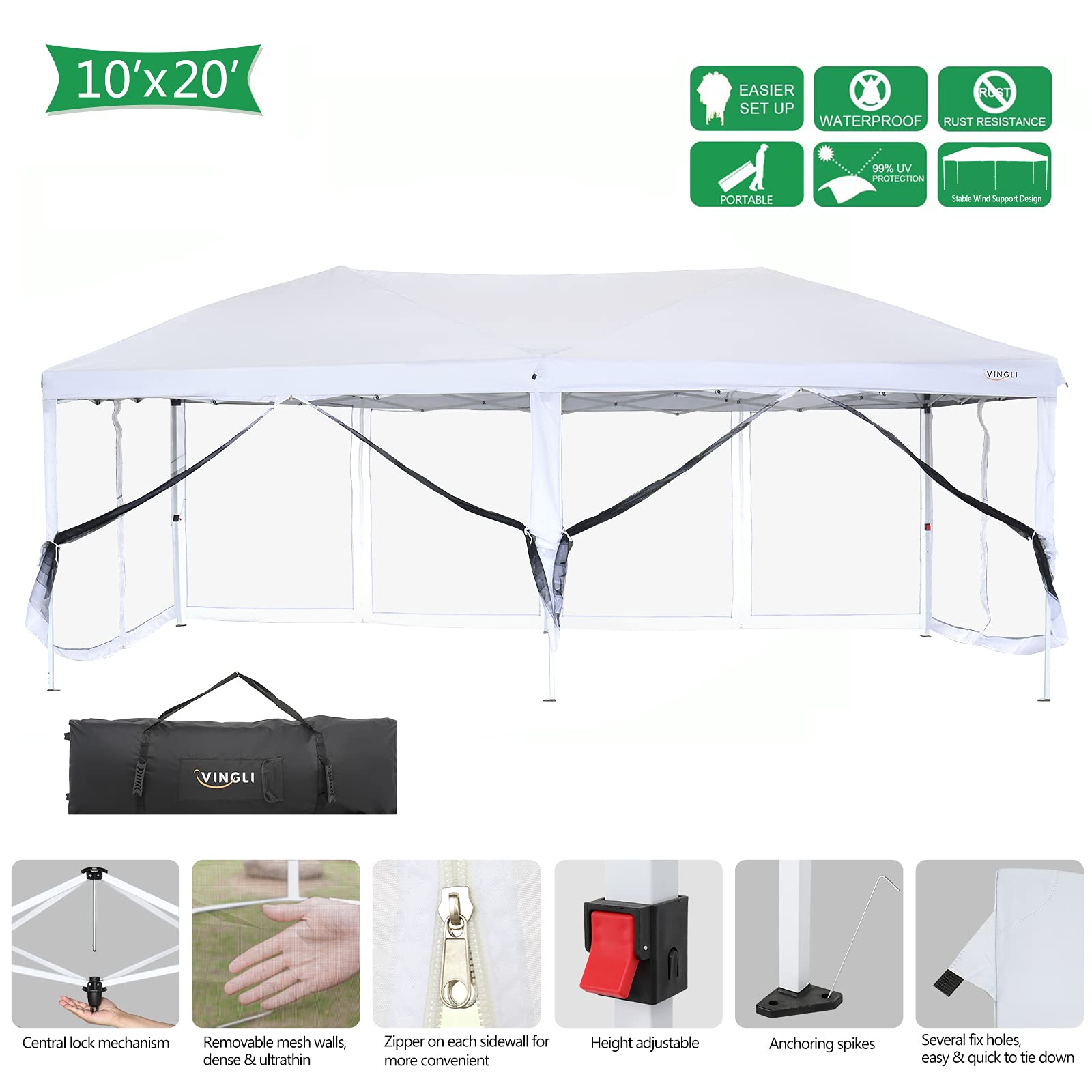 VINGLI 10x20 Pop Up Canopy Tent with Sidewalls & Wheeled Carry Bag - Portable Screen Gazebo with Netting for Outdoor Camping, Backyard Parties, Beach Picnics & Tailgating (White)