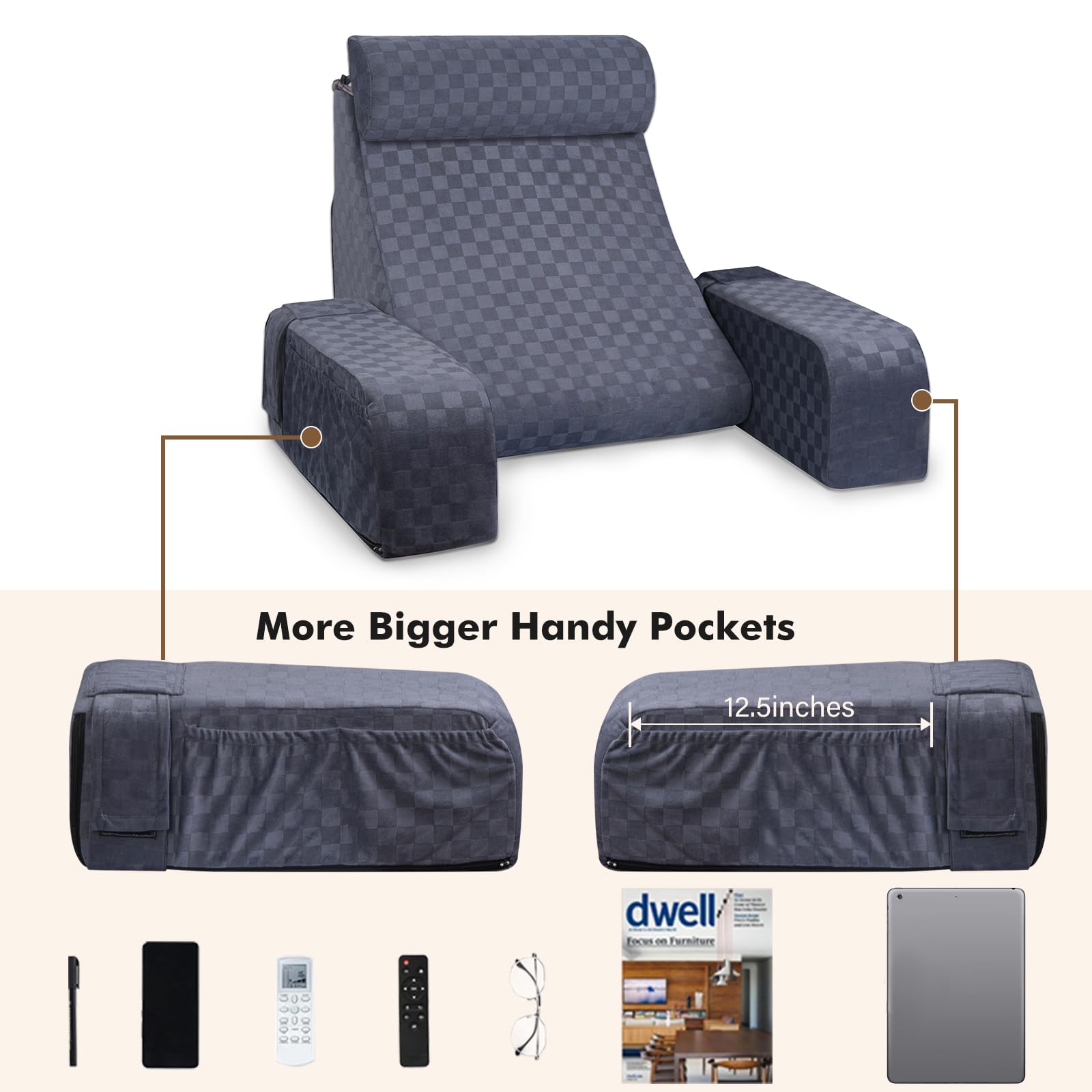 Vekkia Adult Reading Pillow for Sitting in Bed - Back Support Pillow with Large Pockets, Perfect for Reading, Gaming, Watching TV in Bed or on Floor - 19 Inch Dark Grey Bed Rest Pillow - Ideal for Cozy Nights, Relaxation & Comfortable Lounging