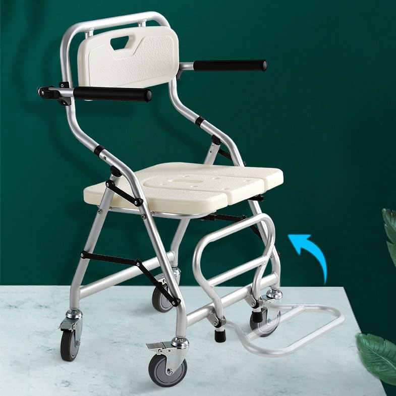 Joyfitness Foldable Rolling Shower and Toilet Chair for Seniors - Elderly Mobility Aid with Wheels for Bathroom Safety and Comfort - Ideal for Home Care and Assisted Living Facilities