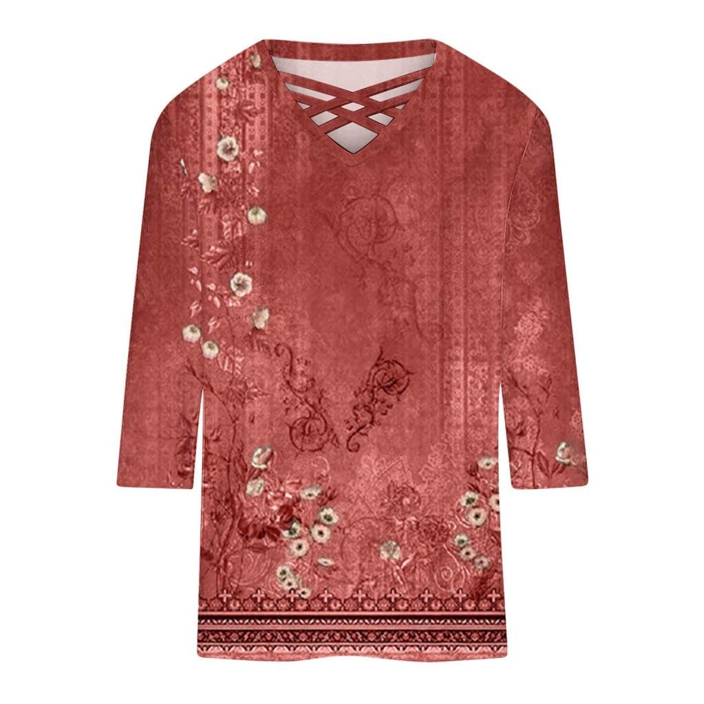 Vintage Boho Summer Shirts for Women - 3/4 Sleeve Blouse Tops, Trendy Casual T-Shirts & Dressy Tops 2024 | Perfect for Beach Outings, Music Festivals & Boho Chic Style