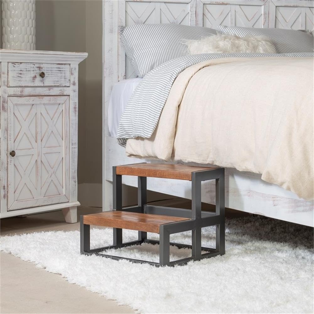 Powell Furniture Linon Benny Wood and Metal Bed Frame in Gunmetal Gray - Sturdy Platform Bed with Headboard for Modern Bedroom, Guest Room & Dorm
