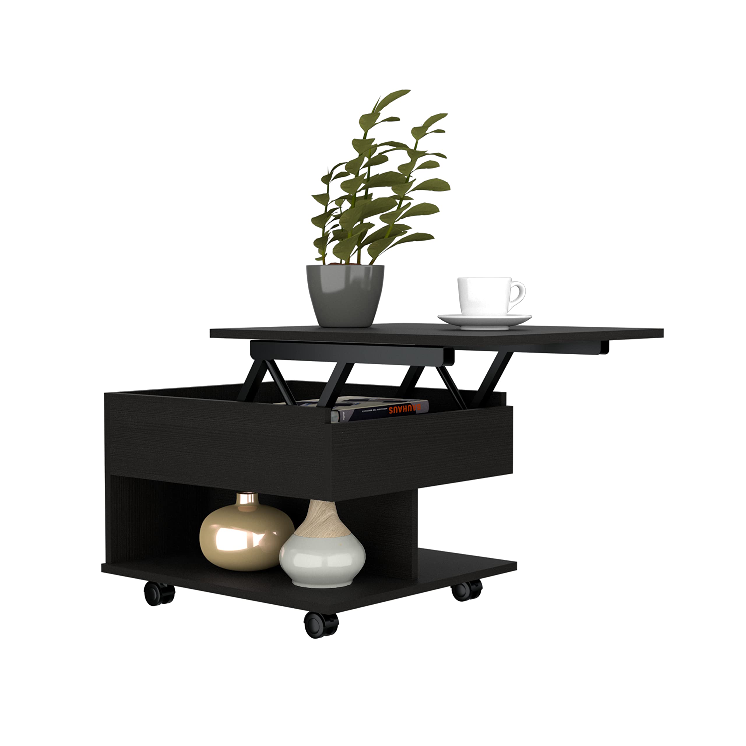 Babel Lift Top Coffee Table with Casters & Storage Shelf - Black | Modern Convertible Design for Living Room, Small Spaces & Home Office