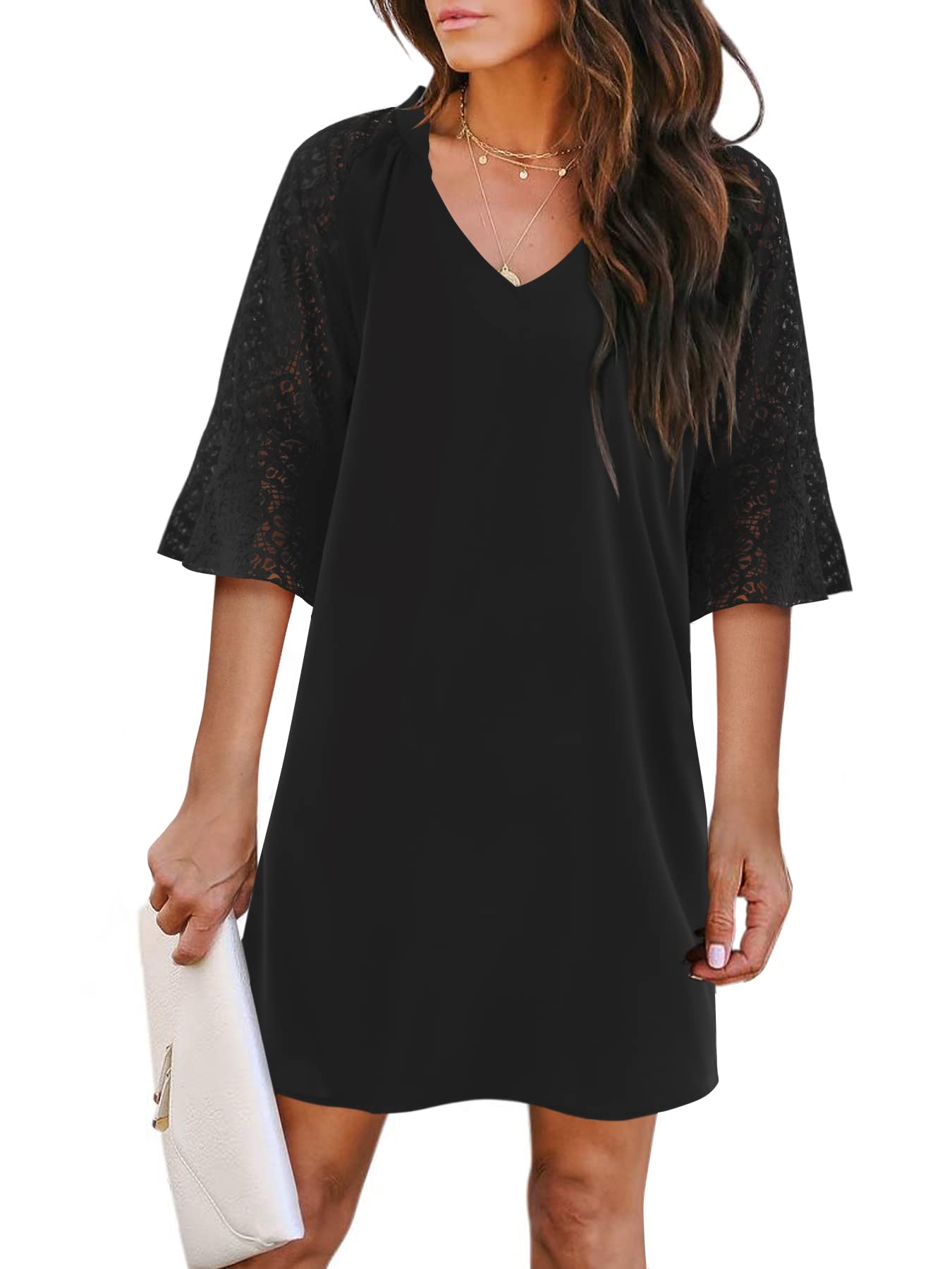 Amoretu Women's Flowy Bell Sleeve Tunic Dress with Pockets - Black Size M | Casual Summer Boho Maxi Dress for Beach, Vacation & Everyday Wear