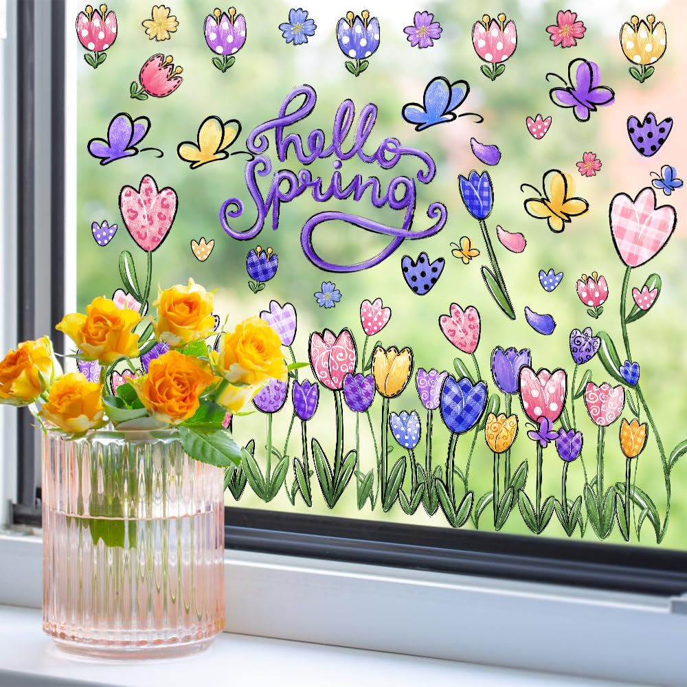 YUJUN 6-Pack Spring Summer Window Clings - Tulip & Butterfly Flower Oil Painting Decals for Glass Home Decor | Perfect for Seasonal Window Stickers, Living Room & Kitchen Decorations