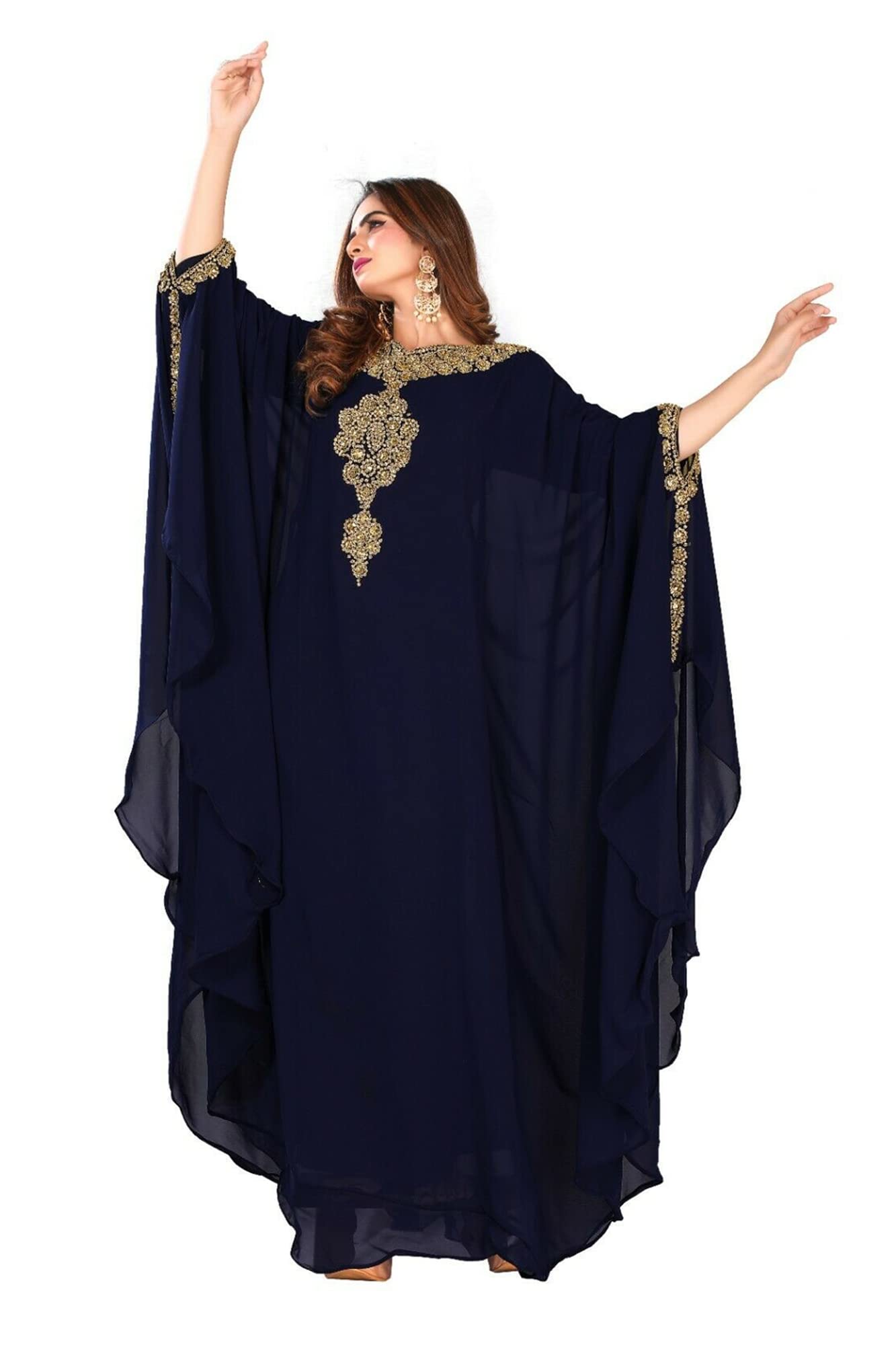 Elegant Moroccan Dubai Abaya Farasha Kaftan for Women - Embroidered Long Gown Dress in Navy Blue | Perfect for Eid, Wedding & Special Occasions
