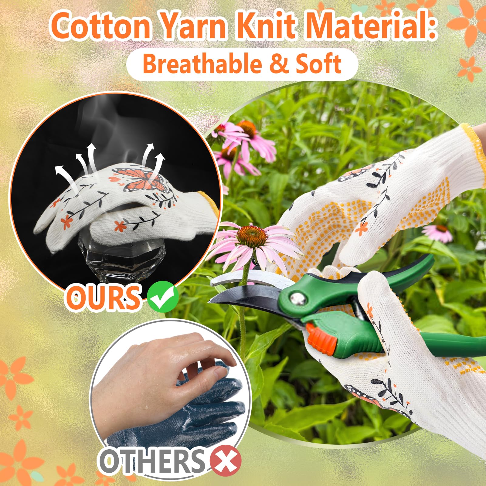 Breathable Gardening Gloves for Women - Non-Slip Cotton Work Gloves for Home & Auto Repair (3-Pack)