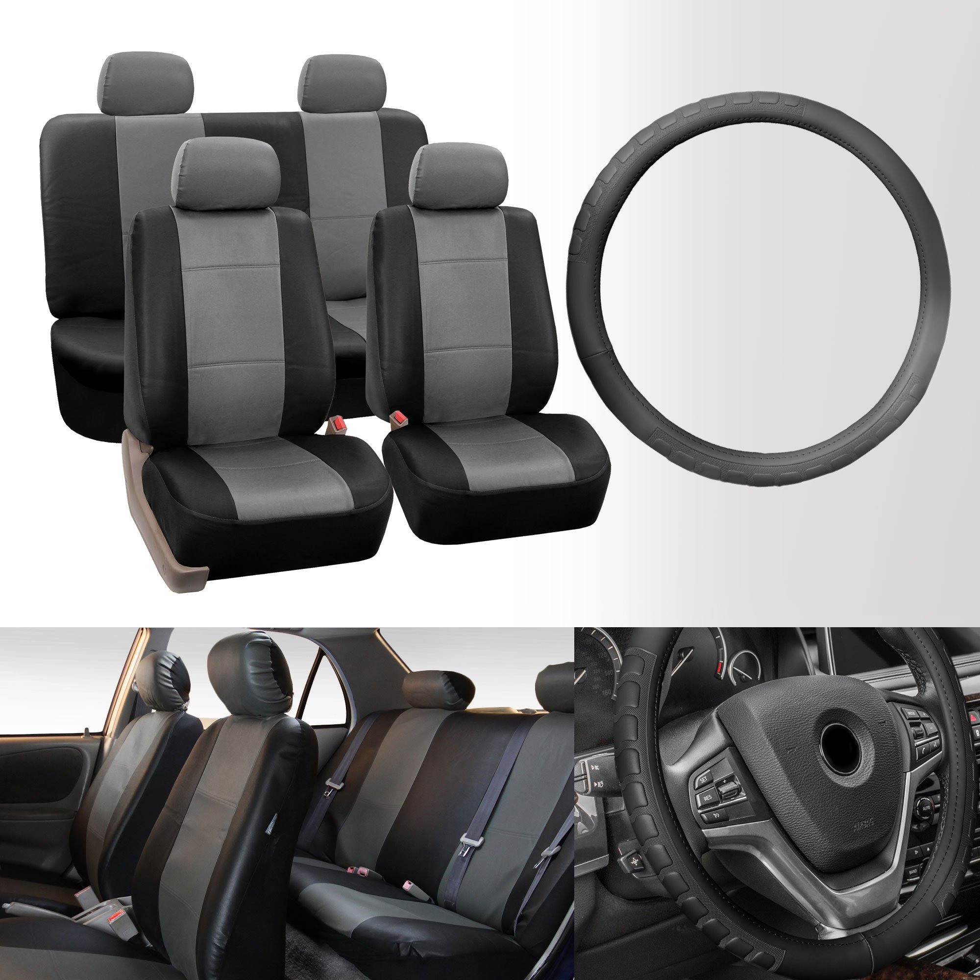 Premium PU Leather Car Seat Covers Full Set - Universal Fit for Sedans, Trucks & SUVs (Gray/Black) | FH Group PU002115 + FH2006 | Gift Included | Perfect for Daily Commute, Road Trips & Vehicle Protection
