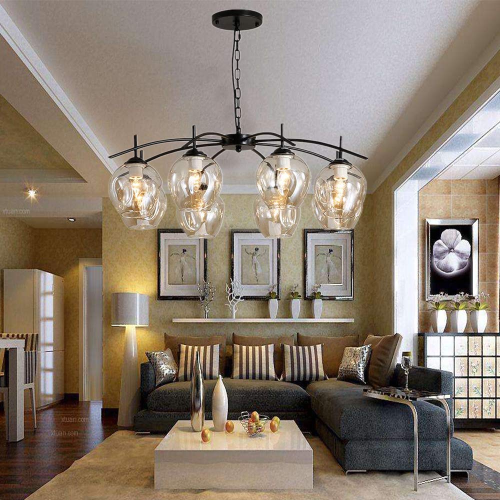 Modern Nordic Magic Bean Chandelier - 8-Light E26 Ceiling Pendant Light with Glass Shade for Living Room, Dining Room, Bedroom & Restaurant | Black Finish | Elegant Lighting for Home Decor & Commercial Spaces