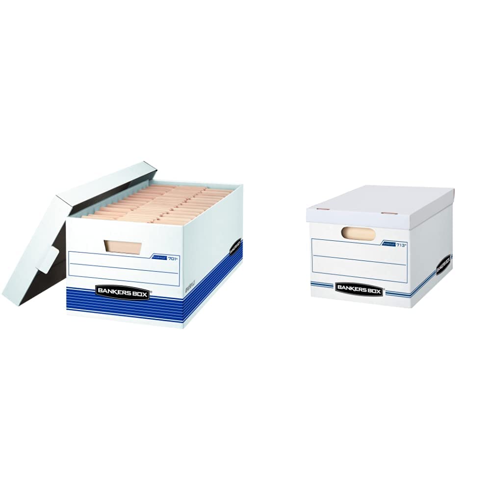 Bankers Box Letter & Legal Size File Storage Boxes - 50-Pack White & Blue Office Organizers | Perfect for Document Archiving, Office Filing & Home Organization