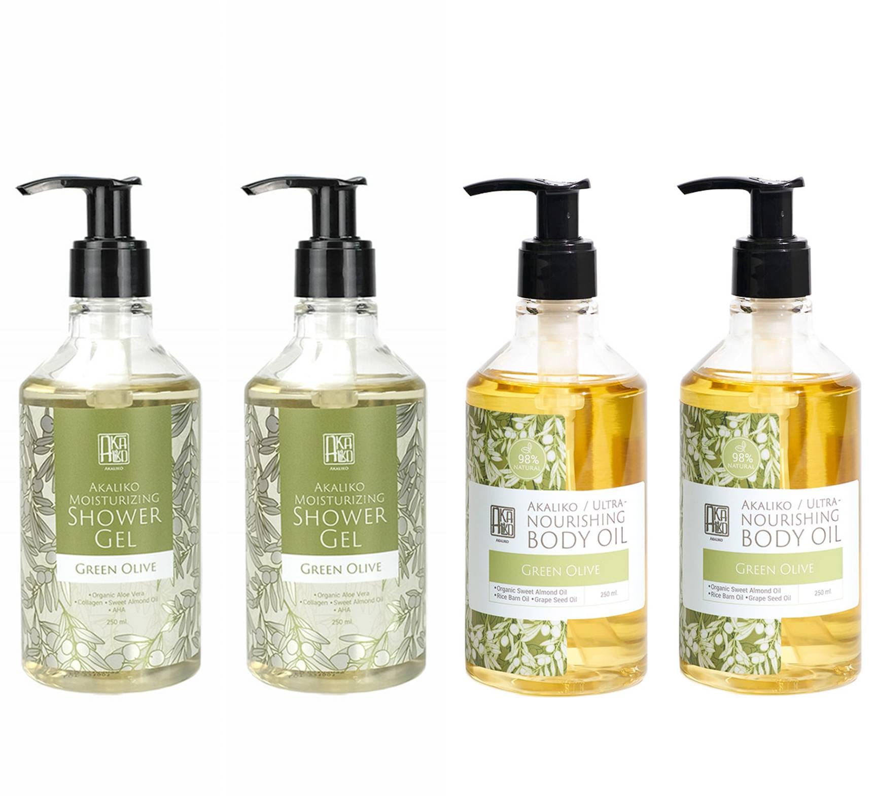 AKALIKO Green Olive Moisturizing Shower Gel & Body Oil Set - Hydrating Skincare Duo for Dry Skin, Perfect for Spa Day & Relaxing Bath Time