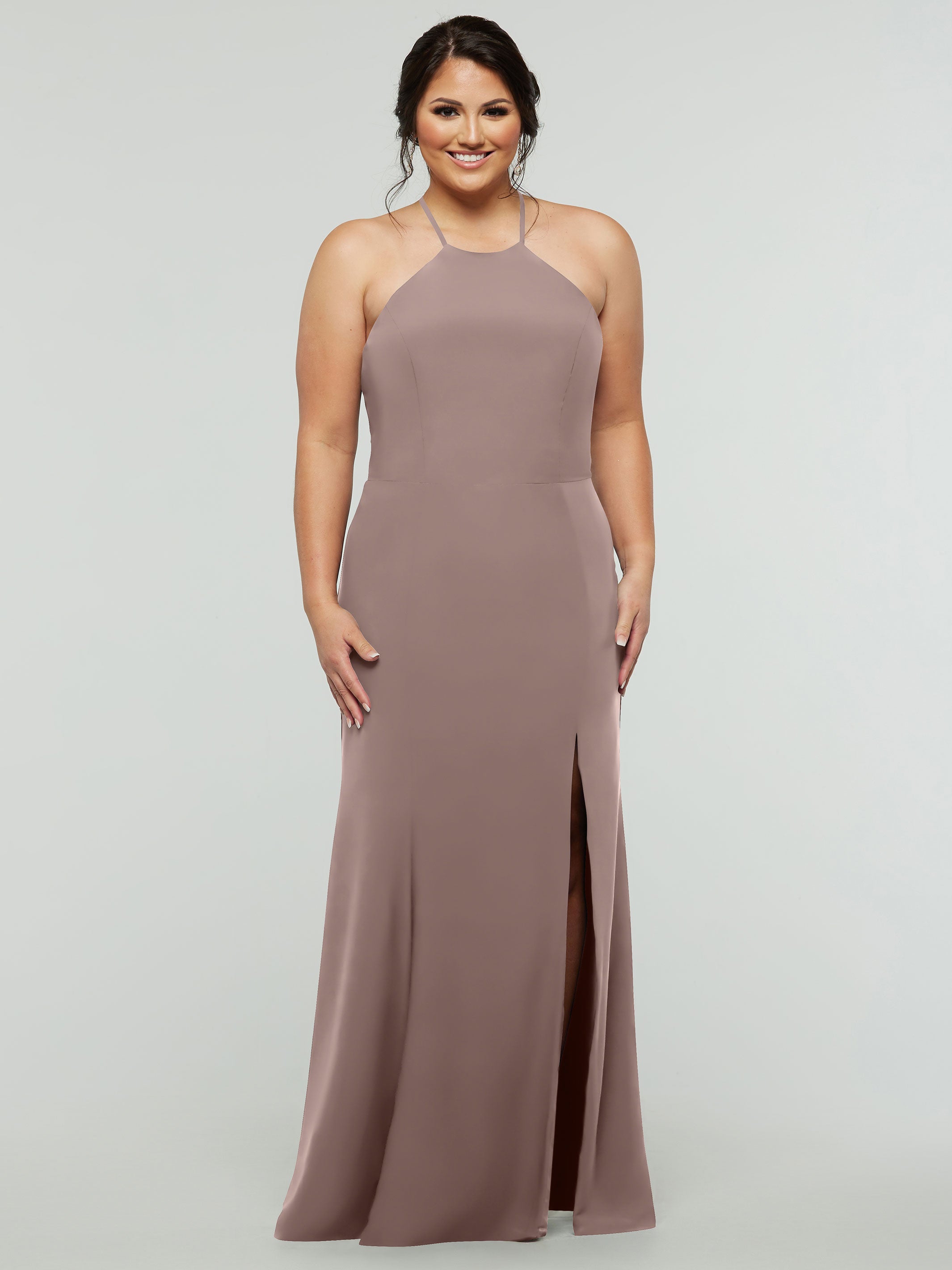 Elegant 83031 Fit and Flare Stretch Chiffon Bridesmaid Dress with Halter Neck & Thigh Slit - Perfect for Weddings, Prom, and Formal Events