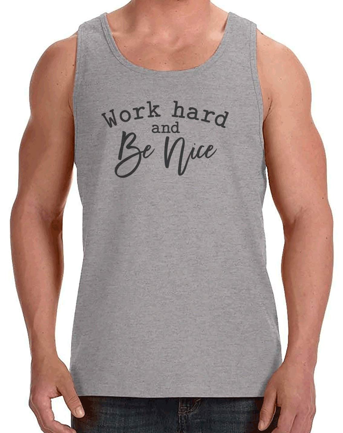 7 ate 9 Apparel Men's Work Hard Be Nice Sleeveless Workout Tank Top - Grey | Gym, Running, Summer Casual Wear