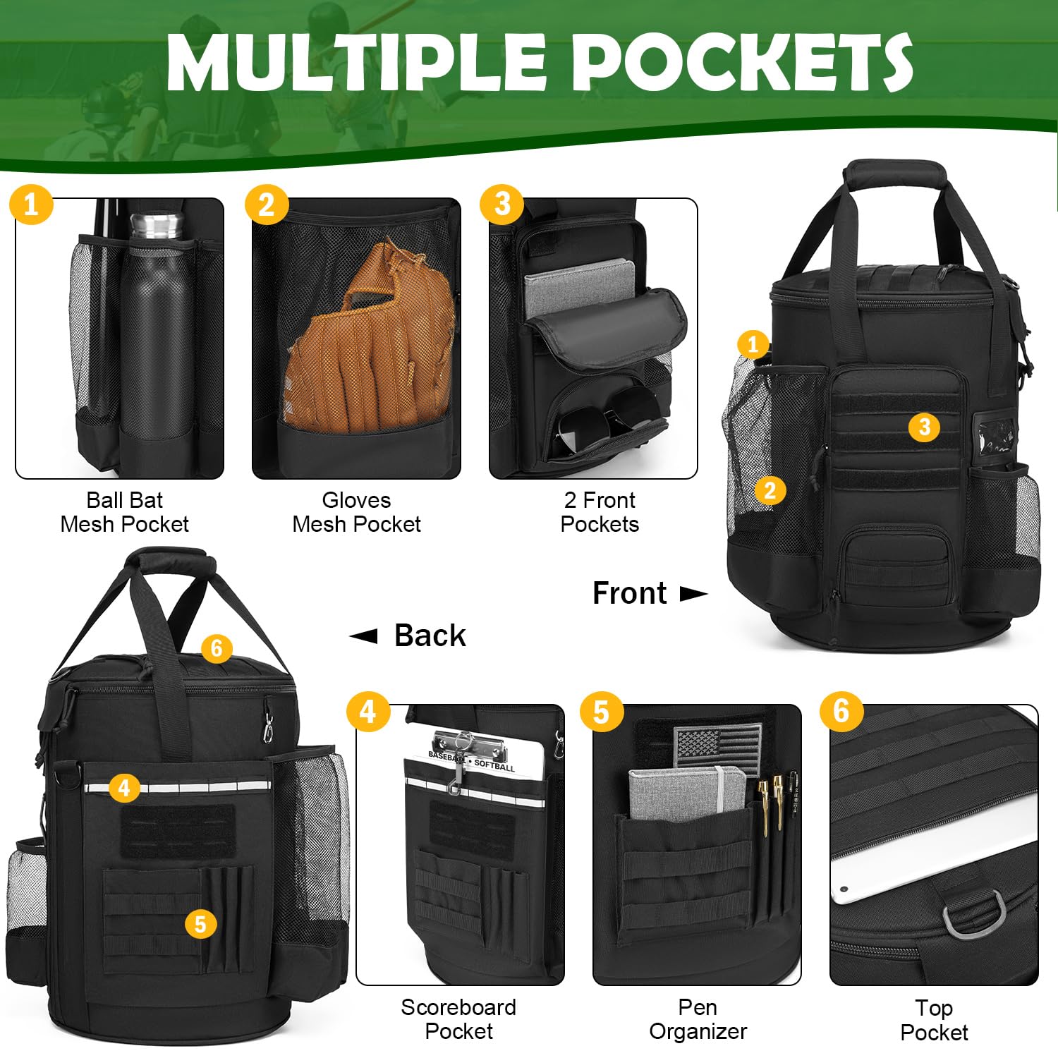 **Baseball Bucket Bag - Durable Softball Coaching Accessories Organizer with Anti-Slip Bottom & Multiple Pockets for Bats, Gloves, Scoreboards - Perfect for Coaches, Players & Training Sessions**