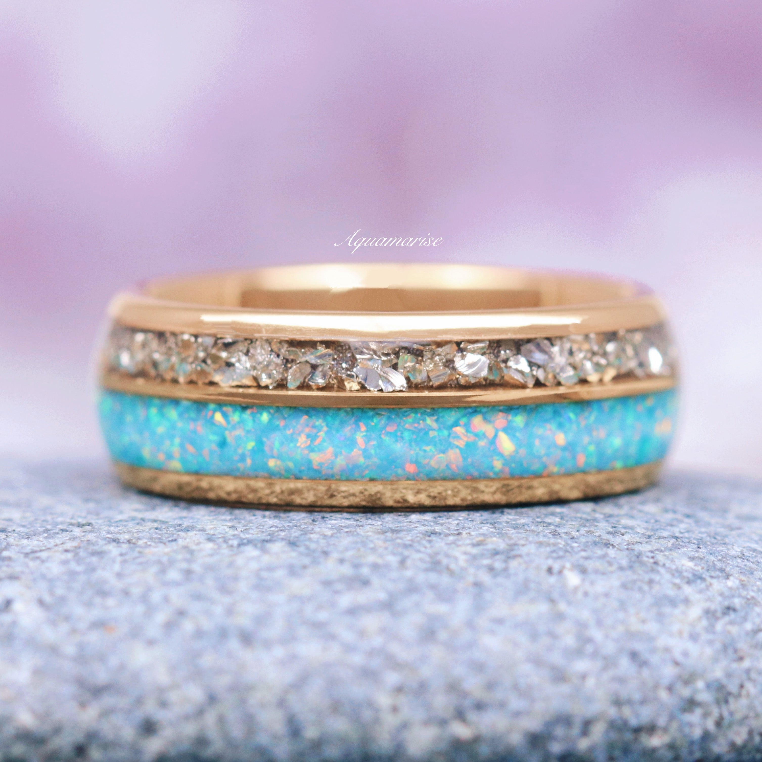 Blue Fire Opal & Crushed CZ Diamond Wedding Band - 8MM Gold Tungsten Ring for Men & Women - Perfect for Engagement, Anniversary & Special Occasions