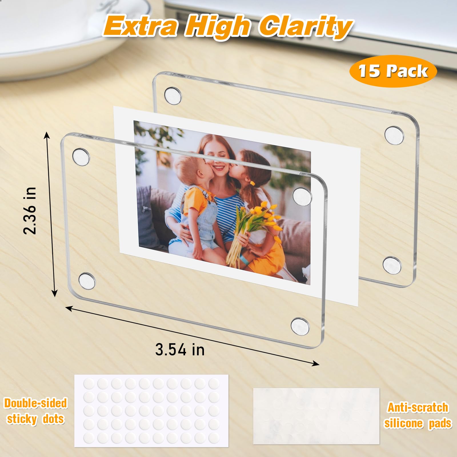 15 Pack Clear Acrylic Fridge Magnetic Photo Frames - Double Sided Refrigerator Magnet Picture Frames for Fujifilm Instax Mini (2.36 x 3.54 Inch) - Perfect for Displaying Photos, Recipes, Notes & Memories in Kitchen, Office or Dorm