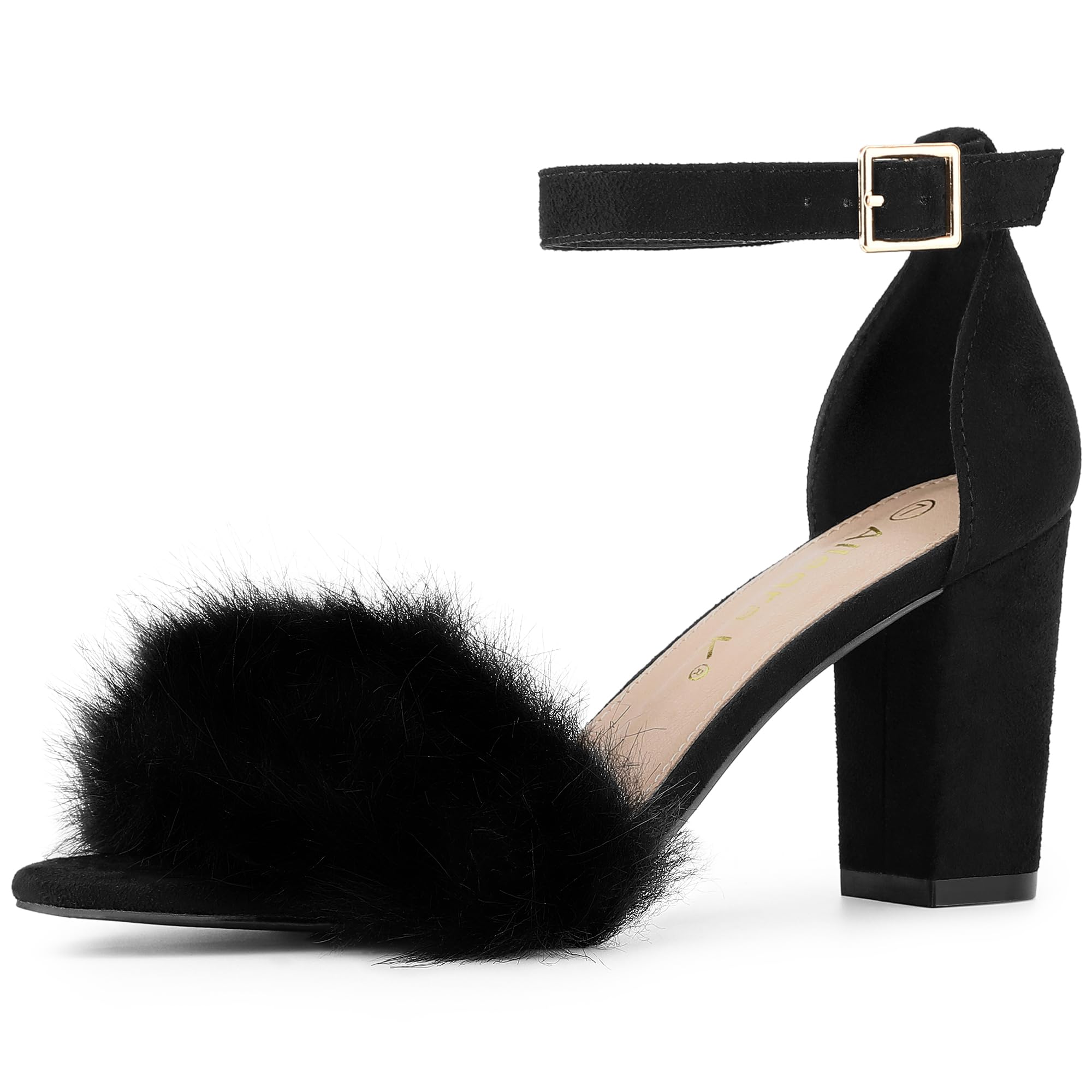 Allegra K Women's Faux Fur Ankle Strap Block Heel Sandals - Comfortable Dress Shoes for Parties, Weddings & Evening Events