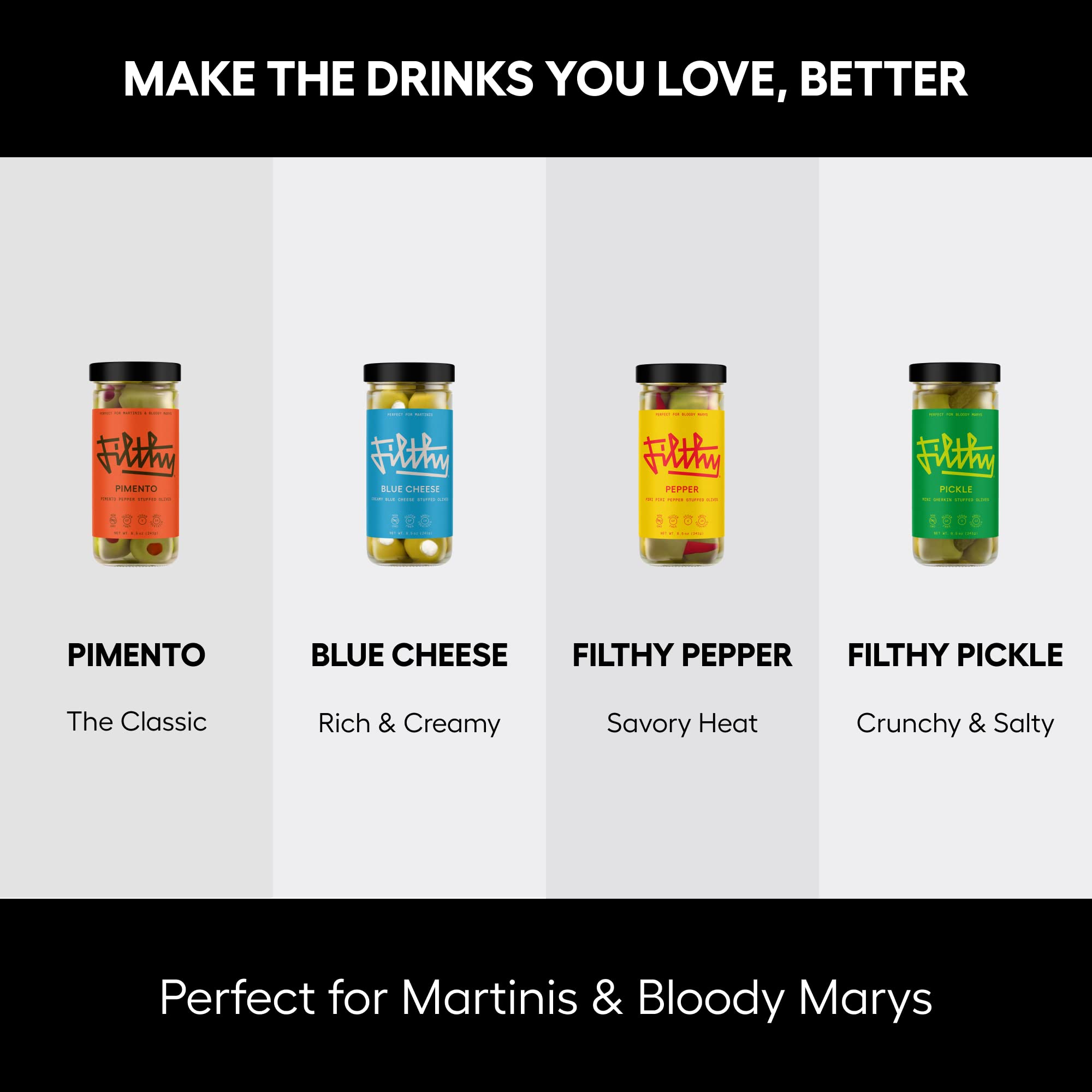 Premium Stuffed Olives for Cocktails - Pepper Filled Gourmet Olives in 8.5 Oz Jar (14 Count) - Perfect for Martinis, Bloody Marys & Charcuterie Boards