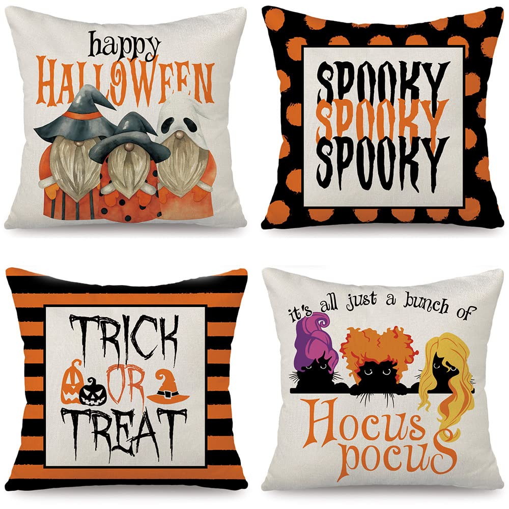Cirzone Halloween Pillow Covers 18x18 Inch Set of 4 - Trick or Treat Farmhouse Style Decorative Throw Pillow Covers for Sofa, Couch, Bed - Spooky Home Decor for Halloween Party & Fall Season