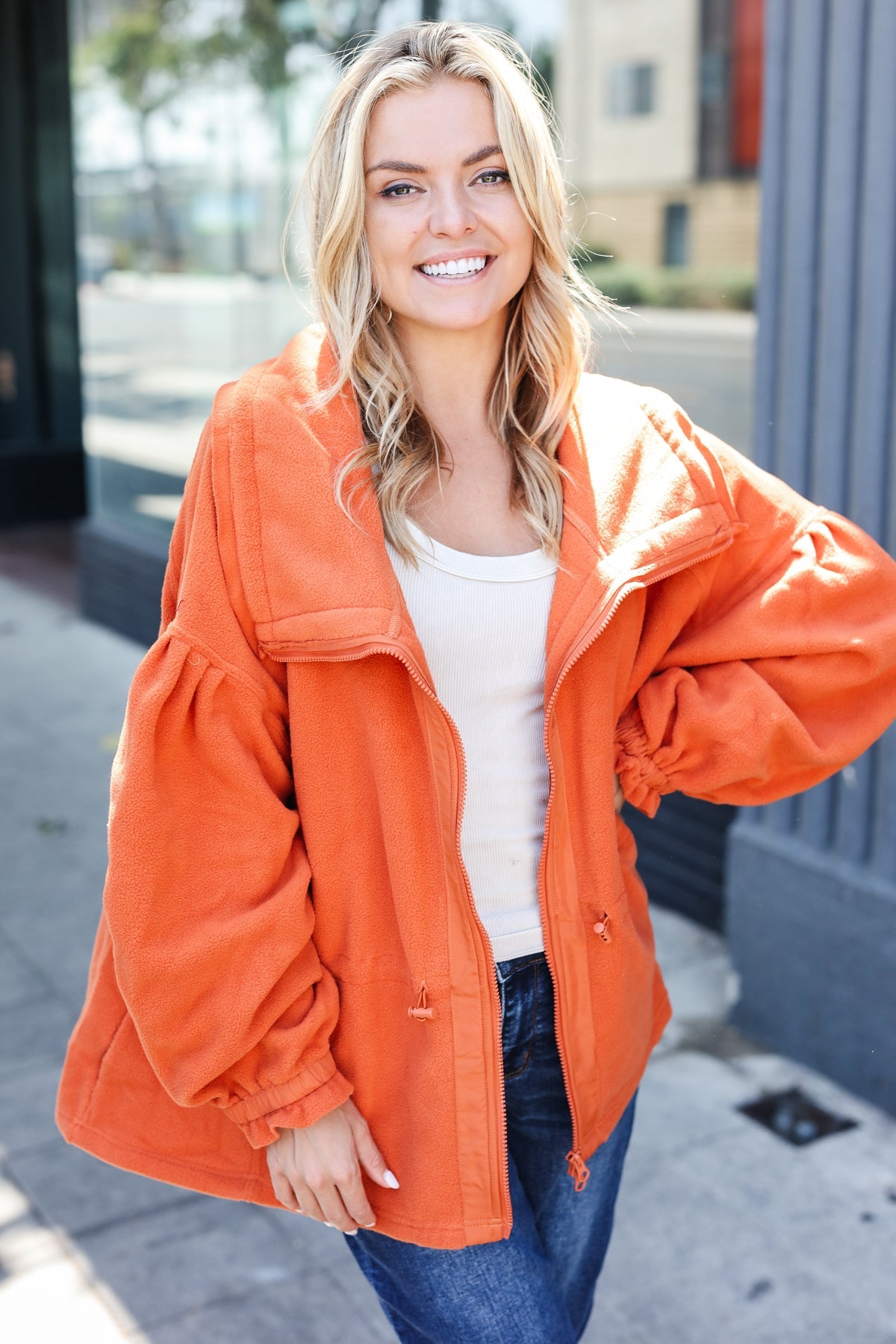 Stylish Rust Cinched Waist Zip-Up Fleece Jacket for Women | Cozy Winter Outerwear | Perfect for Hiking, Camping & Casual Outfits