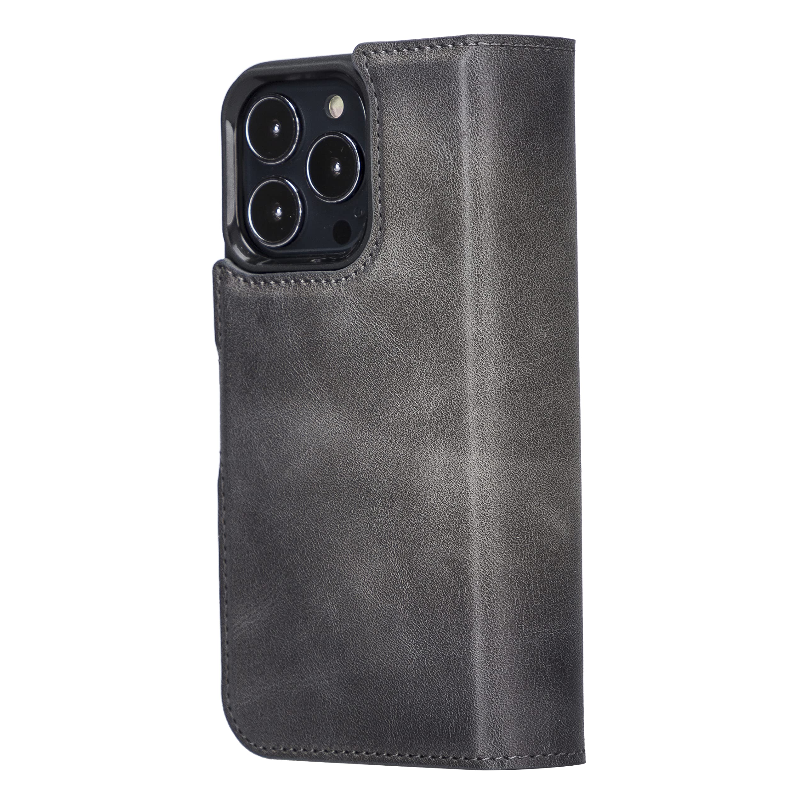 Bayelon iPhone 13 Pro Case - Premium Full Grain Leather Trifold Wallet Cover with Magnetic Detachable Phone Holder, Card Slots & Kickstand | Magsafe Compatible Protective Case for iPhone 13 Pro (Smoked Black) - Perfect for Business Travel, Daily Commute & Hands-Free Viewing