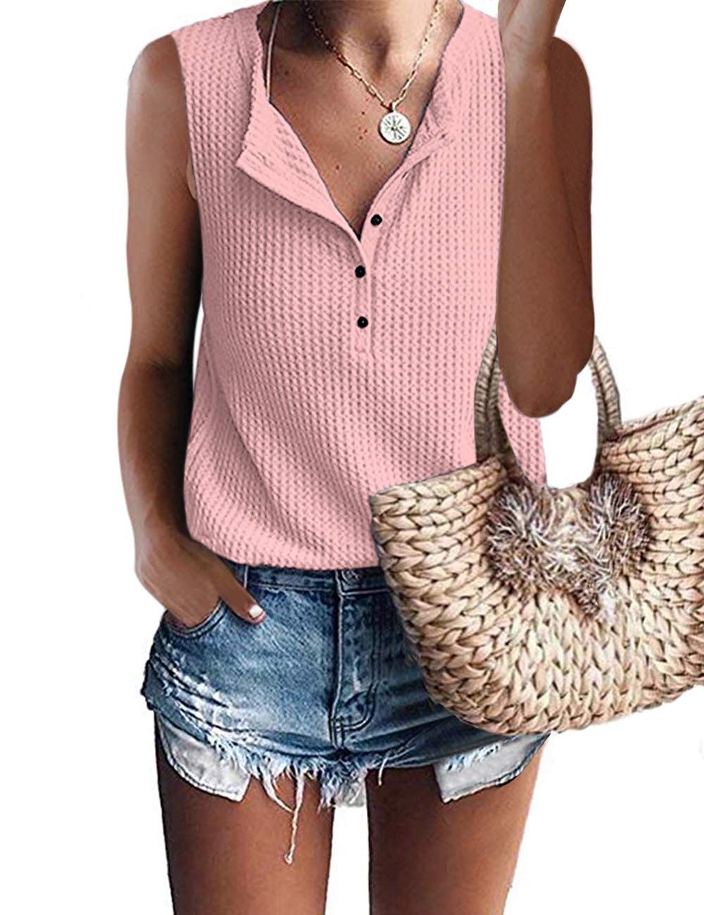 MOLERANI Women's Waffle Knit Tunic Top - V Neck Henley Button Up Shirt for Casual Wear, Layering & Office Outfits