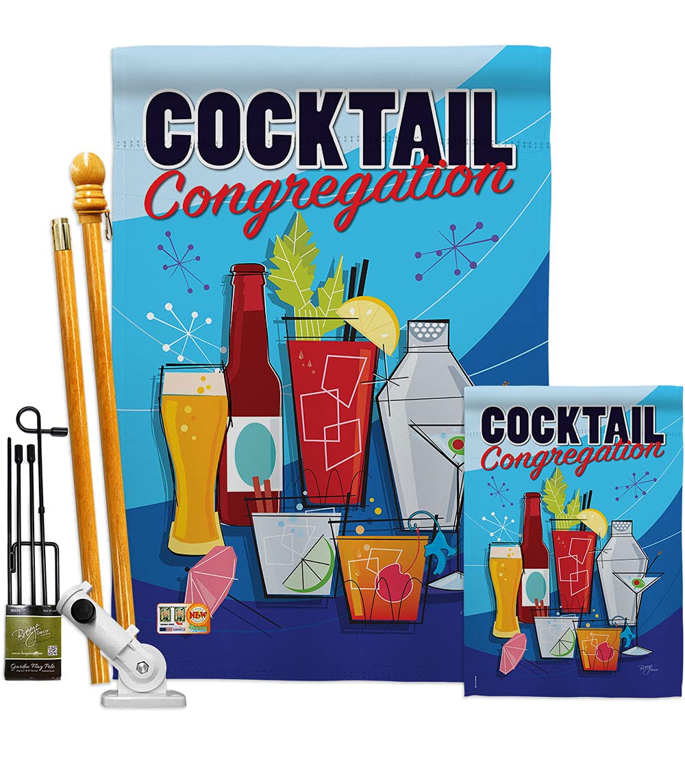 Breeze Decor FK117034-BO Happy Hour Garden Flag Set w/Pole - Multi-Color for Outdoor Decor