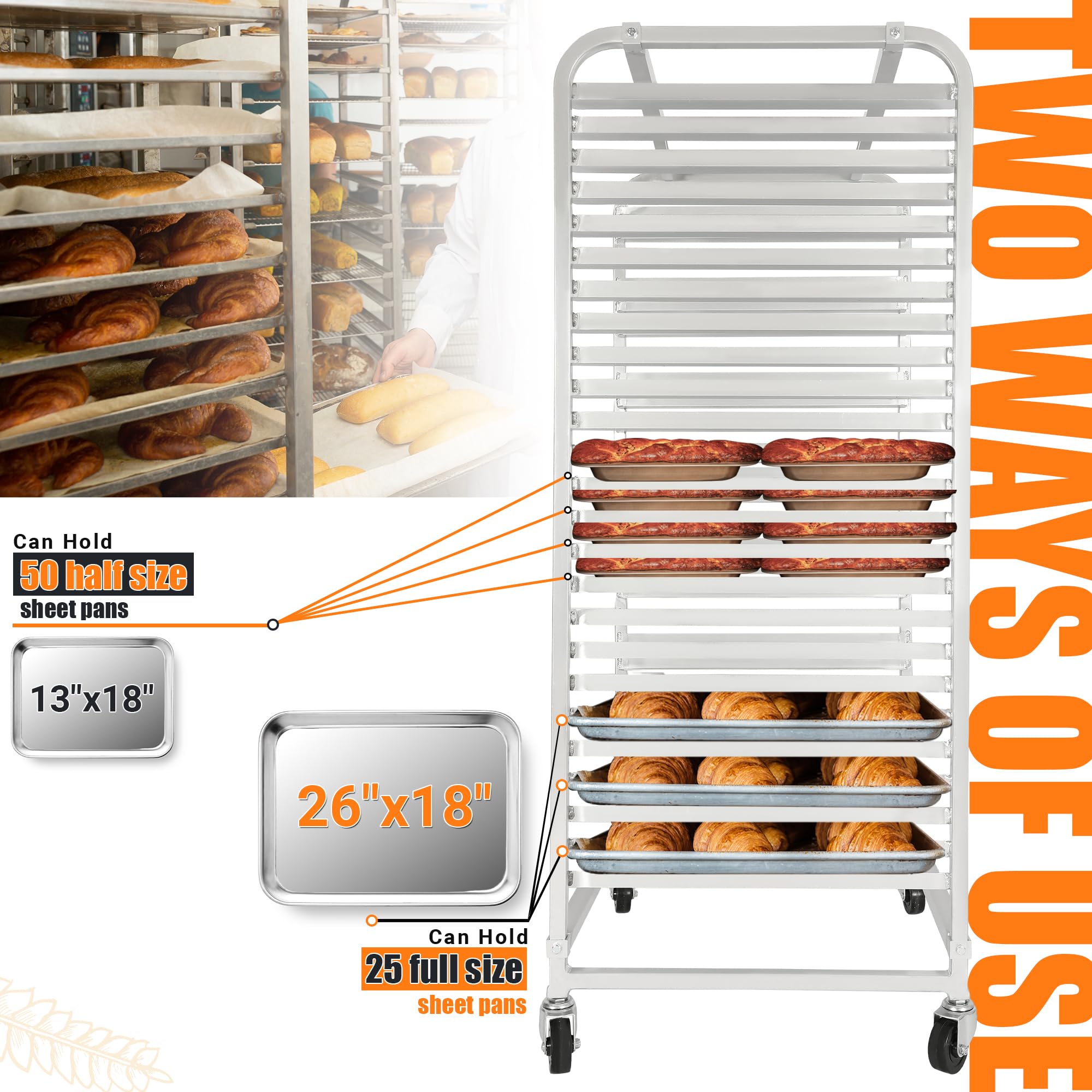 HECASA 25-Tier Adjustable Bun Pan Rack with Brake Wheels - Heavy Duty Aluminum Baking Sheet Organizer for Commercial Kitchen, Bakery, Restaurant, Pizzeria & Home Use - 24.72