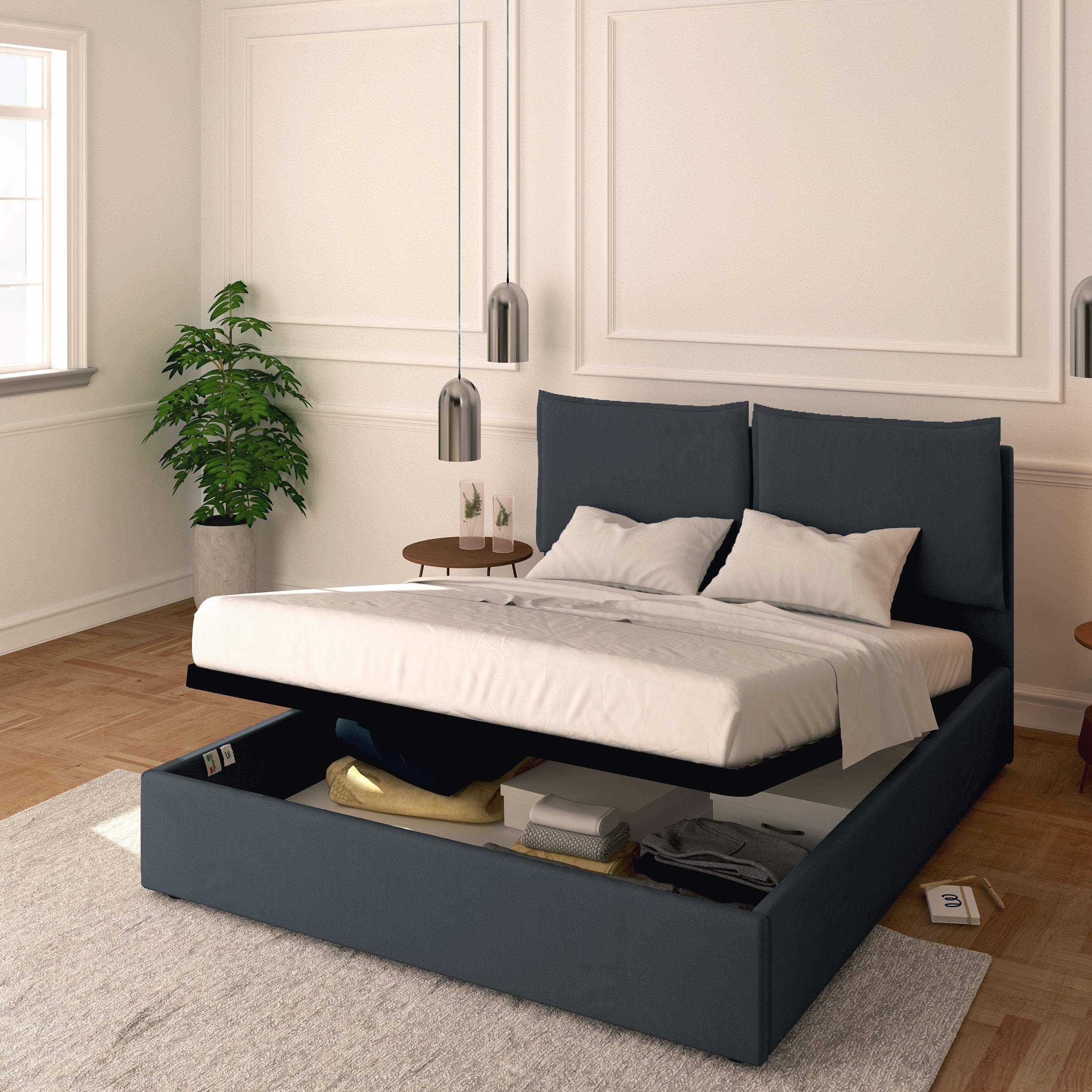 Baldiflex Licia Synthetic Leather Queen Size Bed with Storage, Slatted Base for Mattress, 180x200cm, Padded Headboard, Gray - Perfect for Modern Bedrooms & Small Spaces