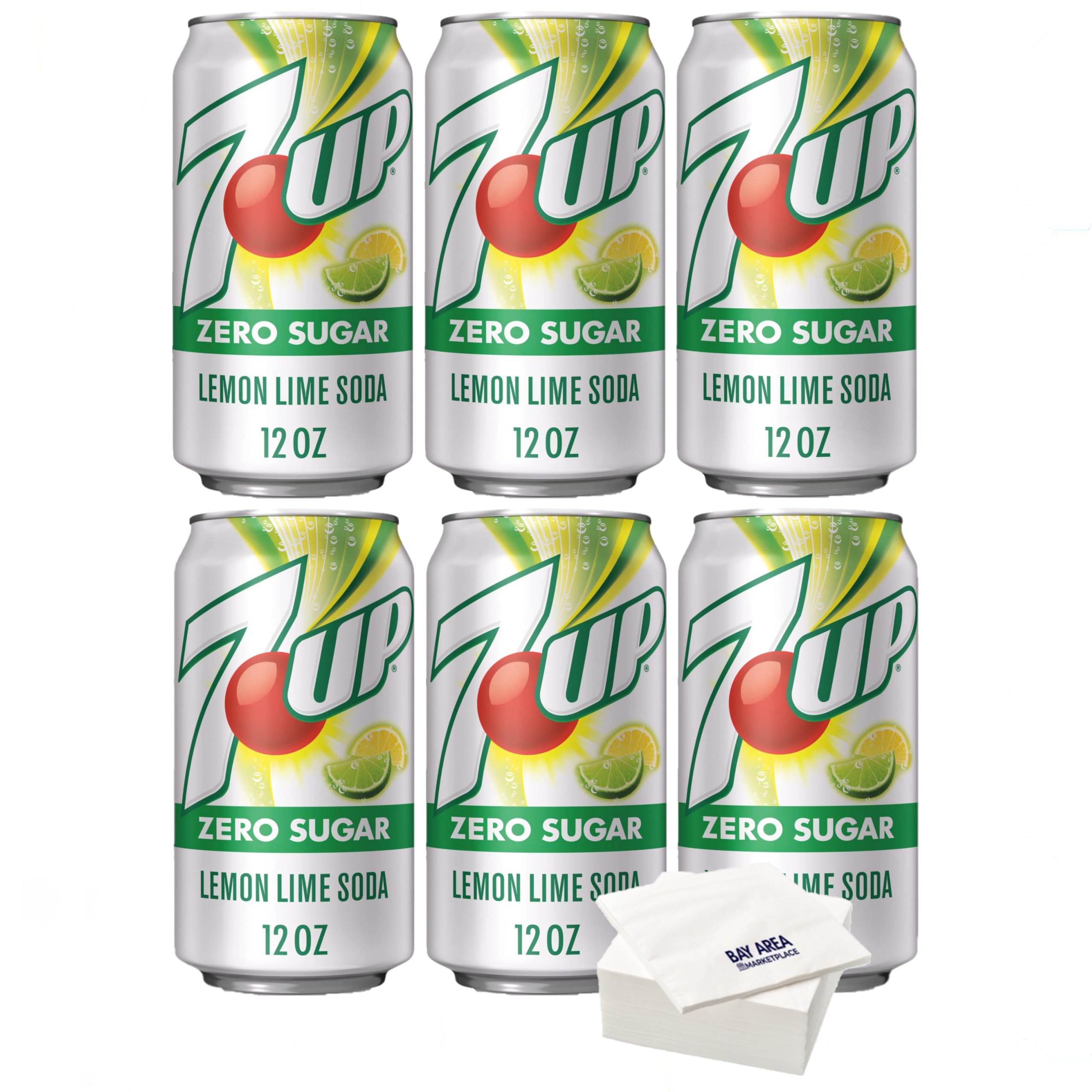 7UP Zero Sugar Lemon Lime Soda - 12oz Cans (Pack of 6) | Refreshing Sugar-Free Soft Drink for Parties, BBQs & Everyday Hydration | Includes Bay Area Marketplace Napkins