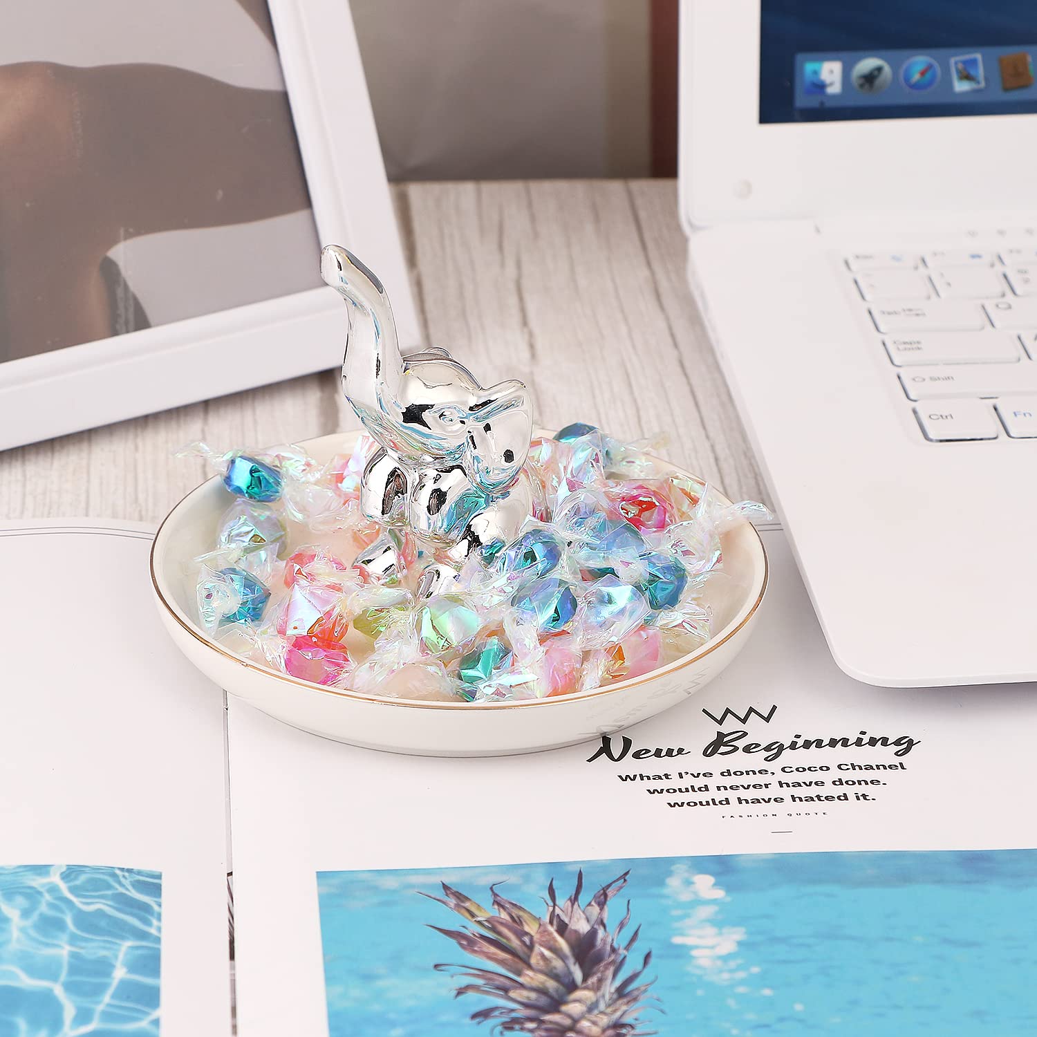 CERANEE Silver Elephant Jewelry Dish - 5 Inch White Ceramic Trinket Tray for Rings, Necklaces & Bracelets | Elegant Jewelry Holder for Women | Perfect for Vanity, Dresser & Bathroom Organization