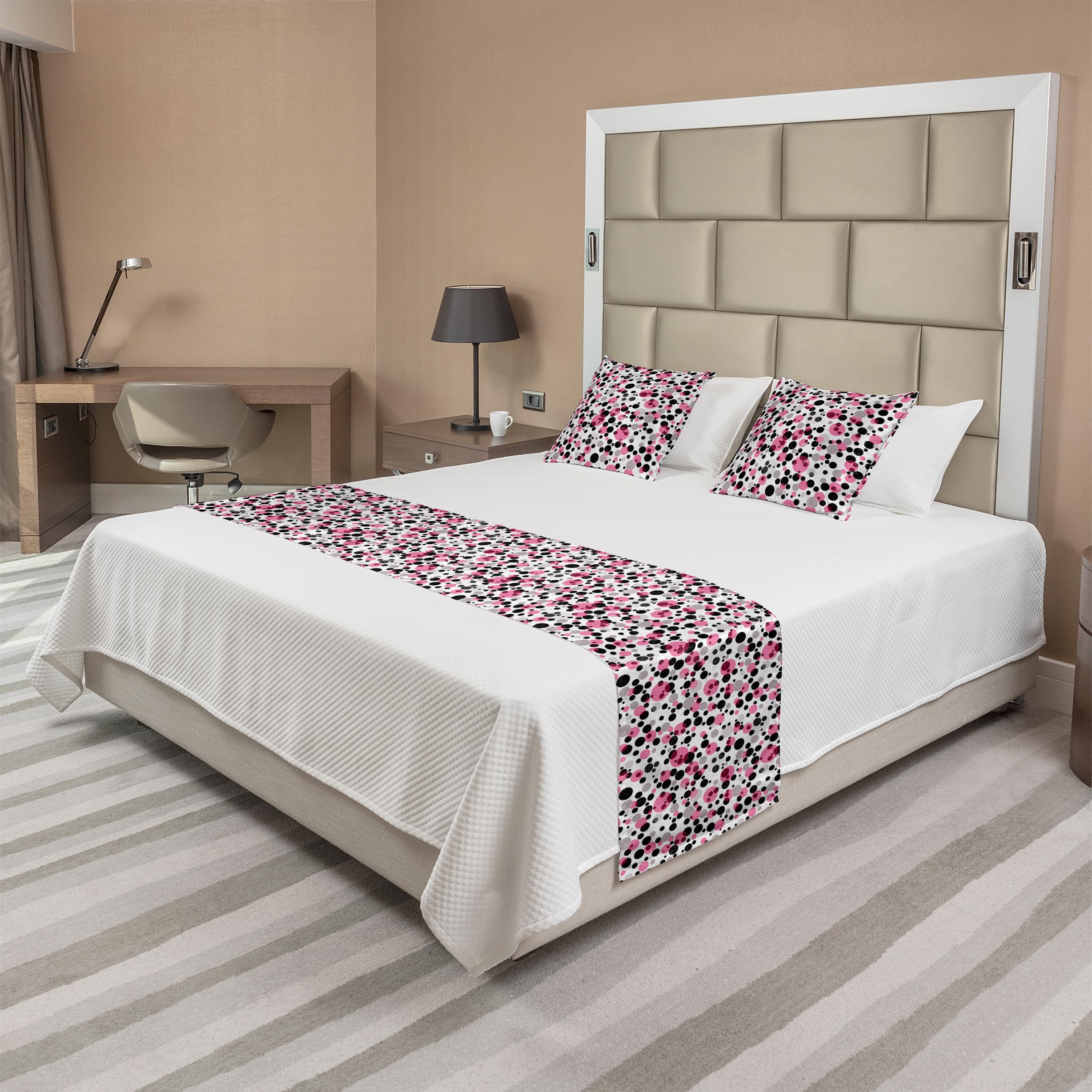 Ambesonne Pink and Grey Bed Runner Set with 2 Pillow Shams - Retro Abstract Bubble Circle Dots Design for King Size Beds - Hotel & Home Bedroom Decor in Grey Pink Black - Perfect for Vintage Themed Rooms and Cozy Bedroom Makeovers