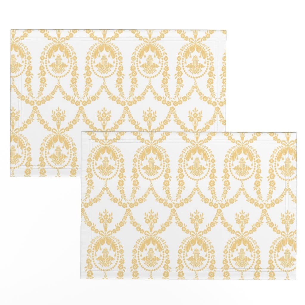 Premium Linen Cotton Canvas Placemats Set of 2 - Rococo Toile Yellow French Country Floral Cottage Silhouette Print | Elegant Dining Table Decor for Farmhouse, Rustic & Vintage Style Kitchens