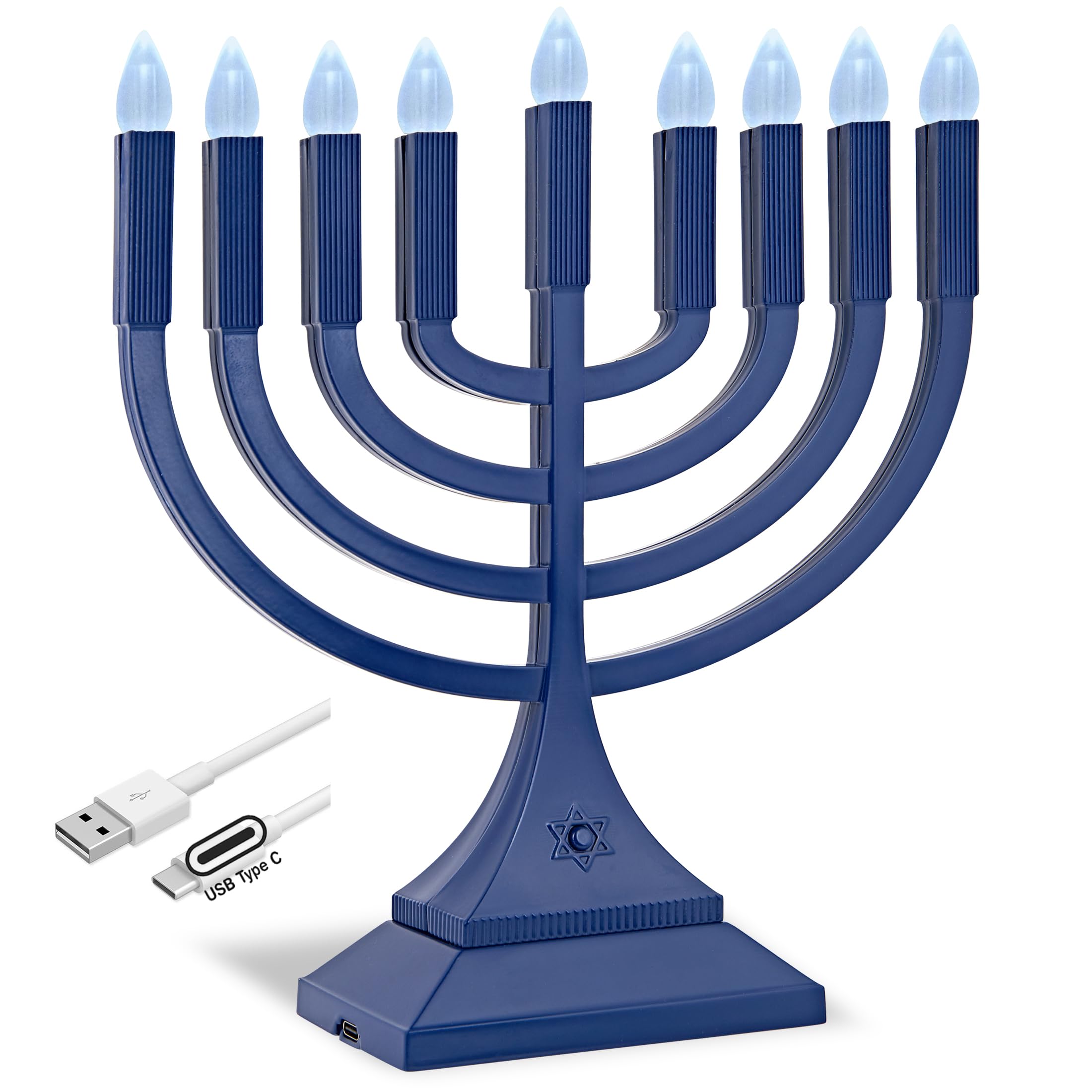 Zion Judaica 9-Inch LED Hanukkah Menorah in Blue - Battery Operated or USB-C Powered (3ft Cable Included) - Flameless Electric Chanukiah with LED Bulbs - Perfect for Hanukkah Decorations, Home Celebrations & Safe Holiday Lighting