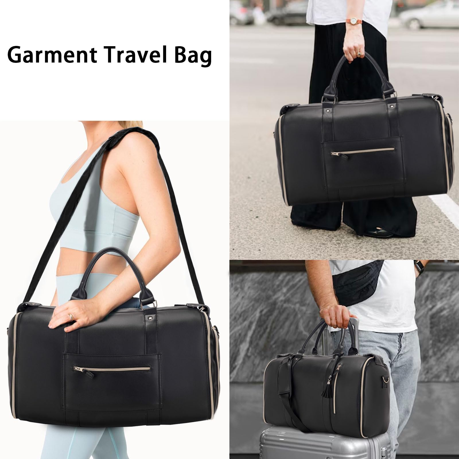 3 in 1 Foldable Leather Travel Garment Bag - Large Capacity Convertible Carry On Duffel with Shoe Pouch | Hanging Suit Dress Weekender Bag for Men & Women (Black) | Perfect for Business Trips, Vacations & Weekend Getaways