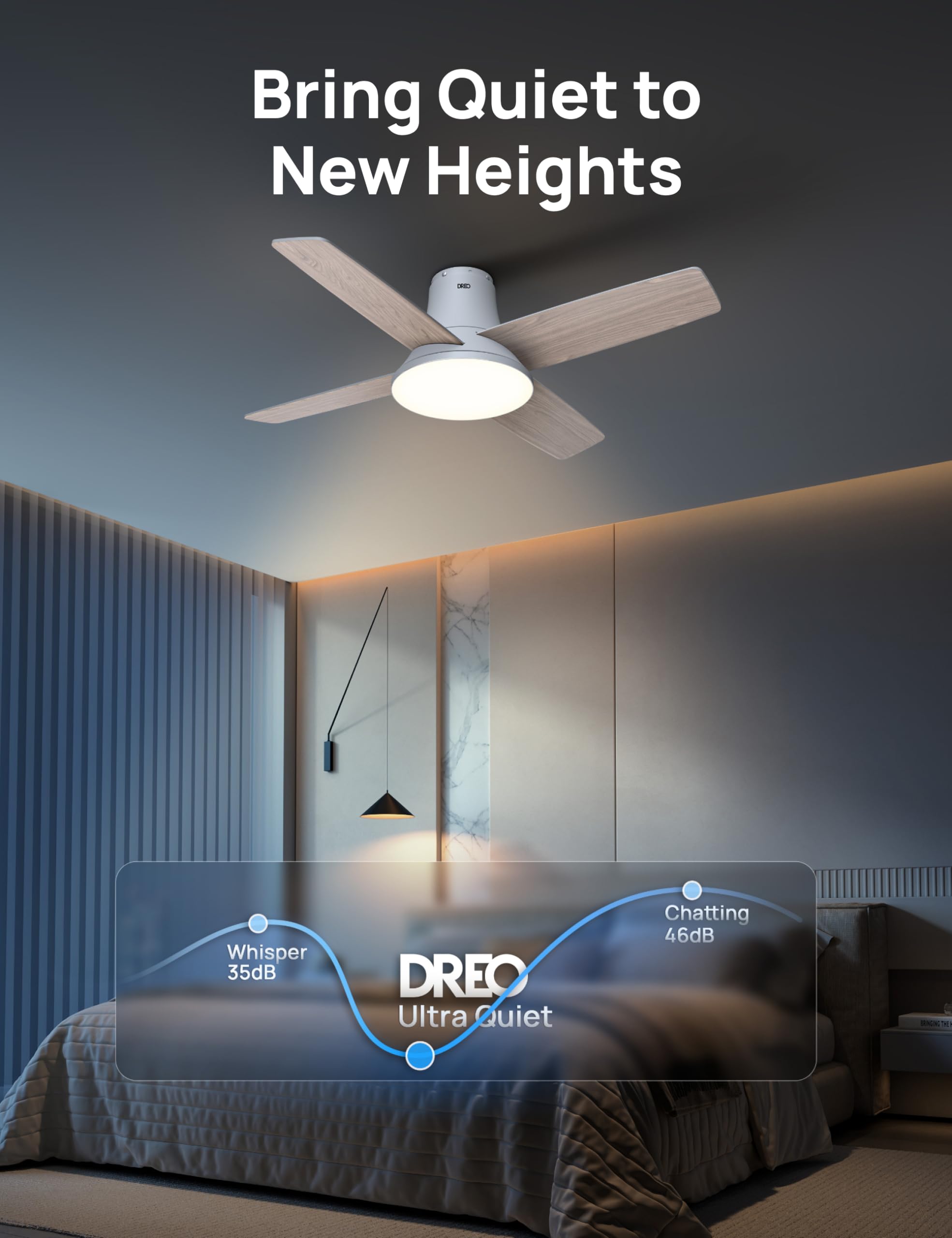 Dreo 44'' Smart Ceiling Fan with LED Light - 12 Speed Quiet DC Motor, 3 Modes, Remote Control & Dimmable Flush Mount Design - Perfect for Bedroom, Living Room & Home Office (White)