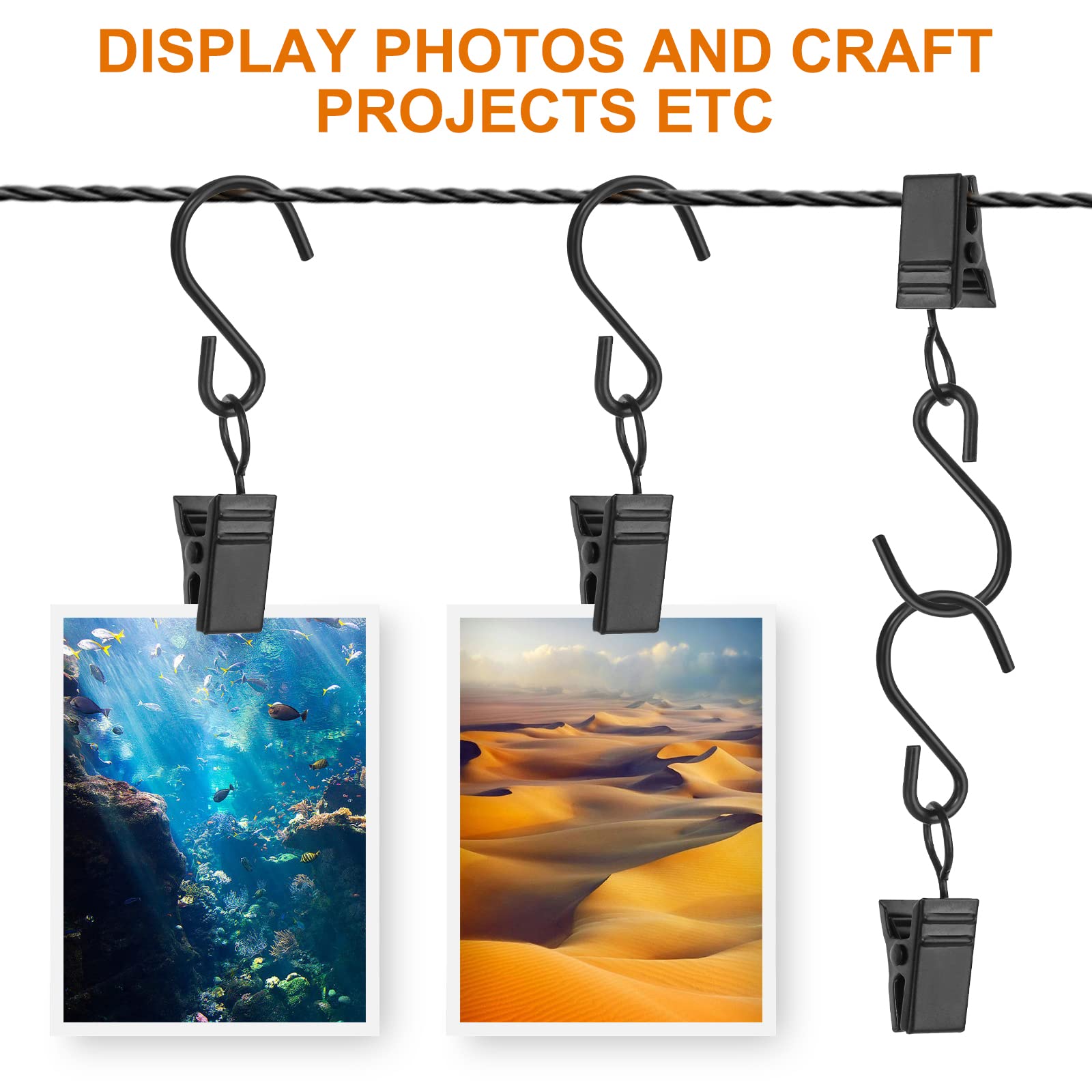 40 PCS Stainless Steel Curtain Clips with S Hooks for Outdoor String Lights - Heavy Duty RV Awning & Gutter Light Clips (Black) - Perfect for Patio, Garden, Camping and Backyard Decoration