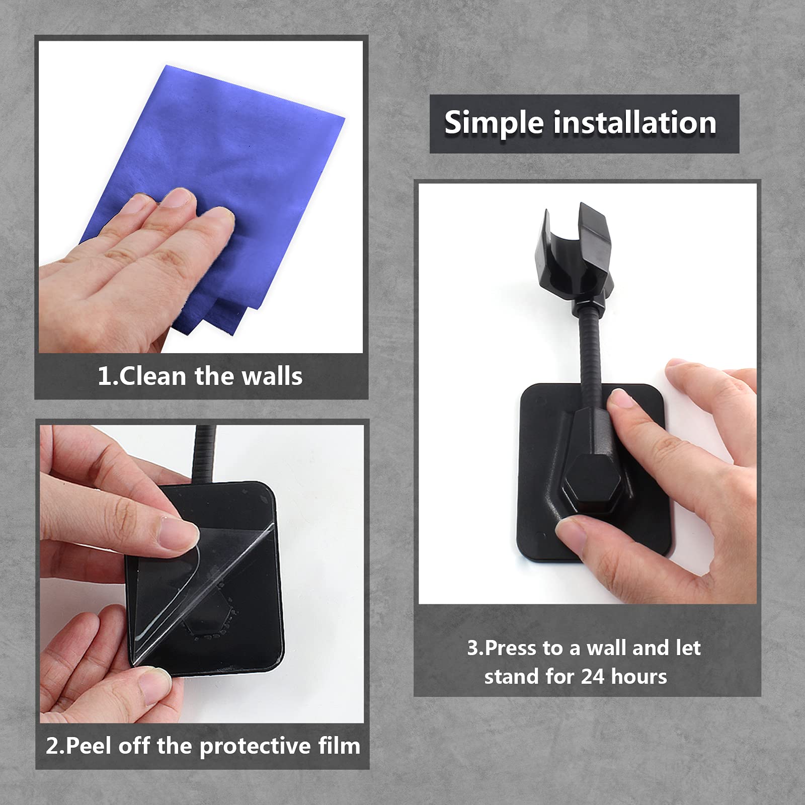 BokWin 2-Pack Adhesive Shower Head Holder - Adjustable No-Drill Shower Bracket for Handheld Shower Wand - Removable Bathroom Shower Spray Mount (Black) - Perfect for Apartments, Rentals & Small Bathrooms