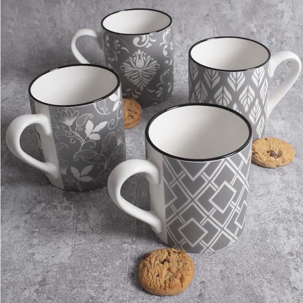 Premium Set of 4 Porcelain Bone China Coffee Mugs - 17oz Large Tea Cups with Elegant Grey & White Floral Geometric Design - Perfect for Home, Office, Gifts & Afternoon Tea Parties