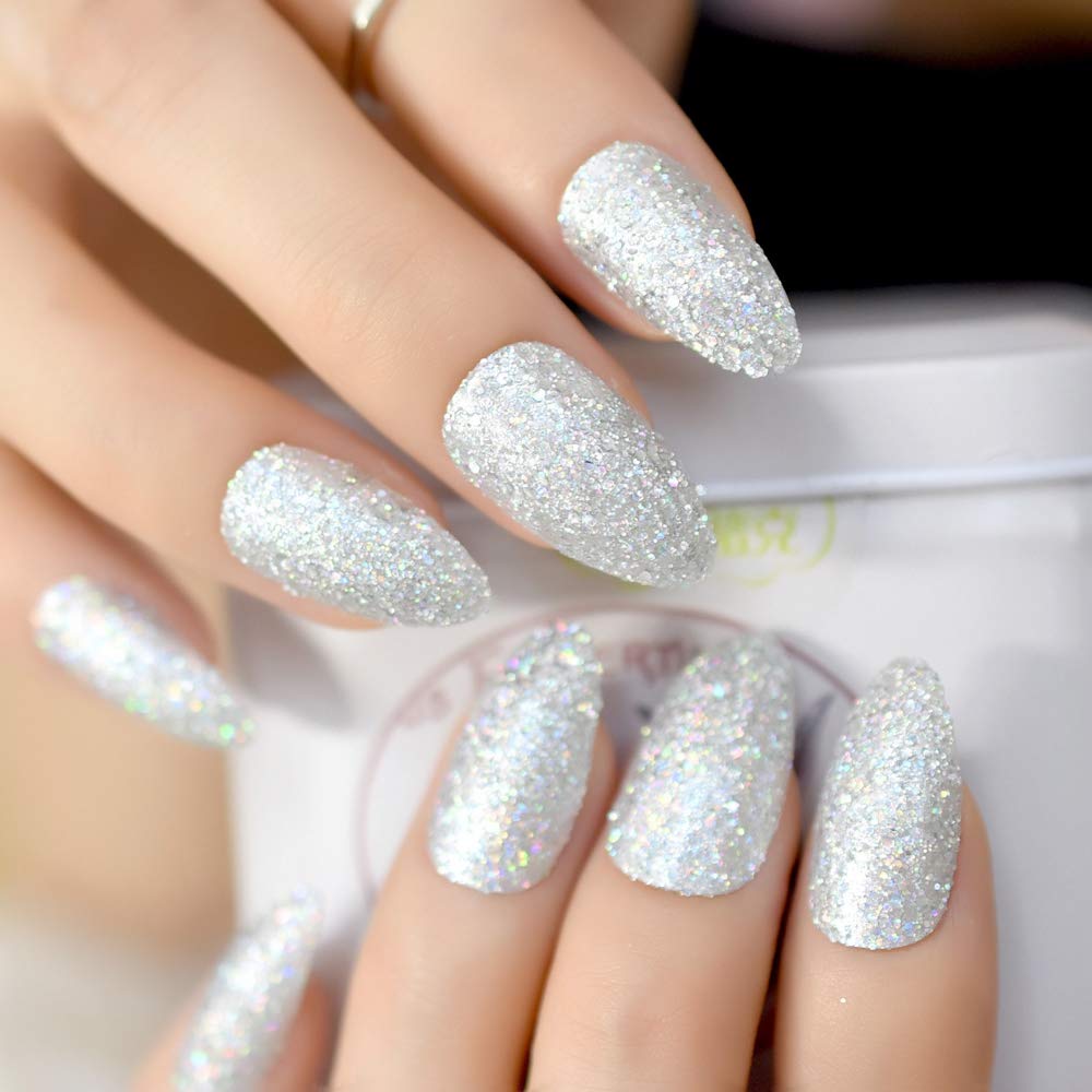 24 Pack Unicorn Mix Glitter Press On Nails - Rainbow Chrome Silver Dust UV Fake Nails with Shimmer Pointed Tips | Perfect for Parties, Halloween, Cosplay & Special Occasions