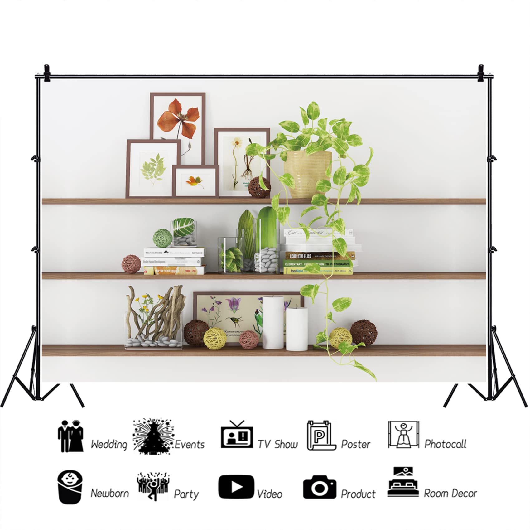 CSFOTO 8x6ft Green Plant Bookcase Backdrop - Modern Office Decor for Video Conferences, Zoom Meetings & Home Studios - Perfect for Virtual Backgrounds, Professional Streaming & Content Creation