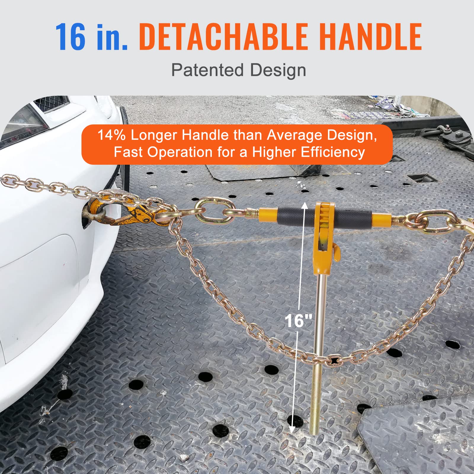 VEVOR 5/16-3/8 Inch Ratchet Chain Binder with 7100 lbs Load Capacity & G80 4700 lbs Chain - 4-Pack Black & Yellow Tie Down Binders for Flatbed Truck Trailers - Heavy Duty Hauling, Towing, and Cargo Securing
