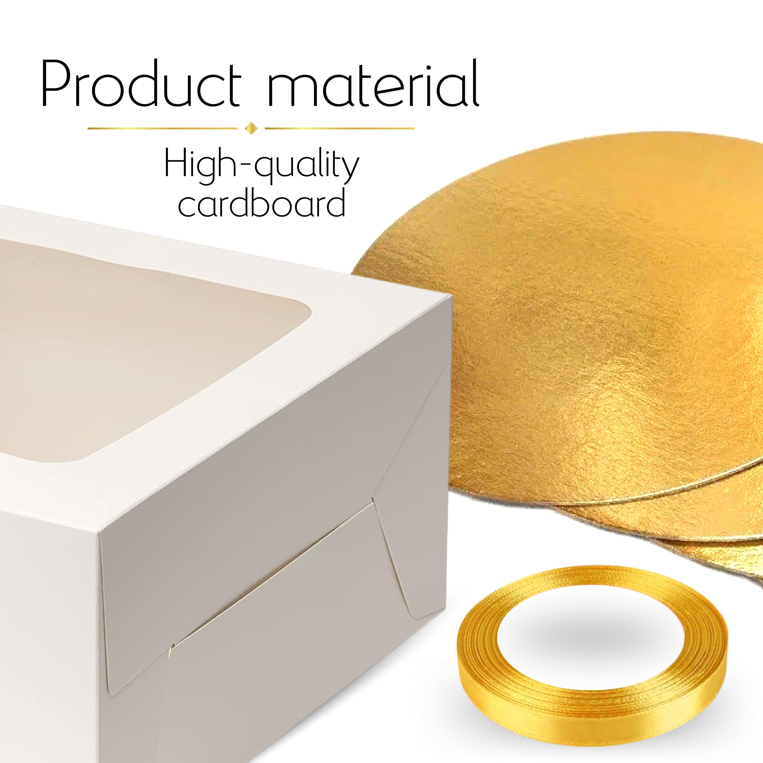 10 Inch Cake Box Set with Lids & Gold Ribbon - Disposable Bakery Boxes with Window, Cake Drum & Board for Birthday, Wedding & Party Desserts | BELMAKS Tall Cake Containers