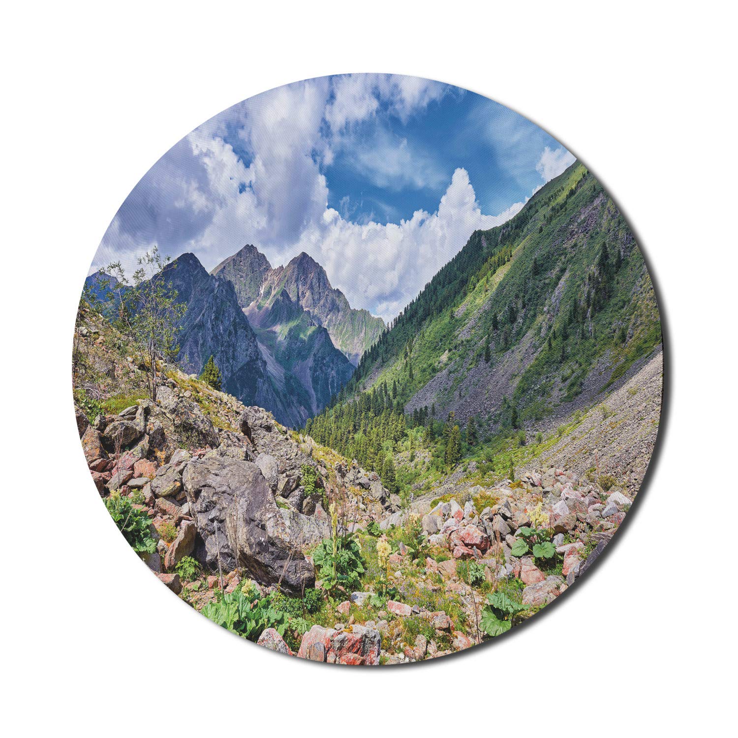 Ambesonne Round Non-Slip Gaming Mouse Pad - 8 Inch Thick Rubber Computer Mousepad with Eastern Siberia Mountain Landscape & Rhubarb Scenery Design - Perfect for Office, Gaming & Home Workspace