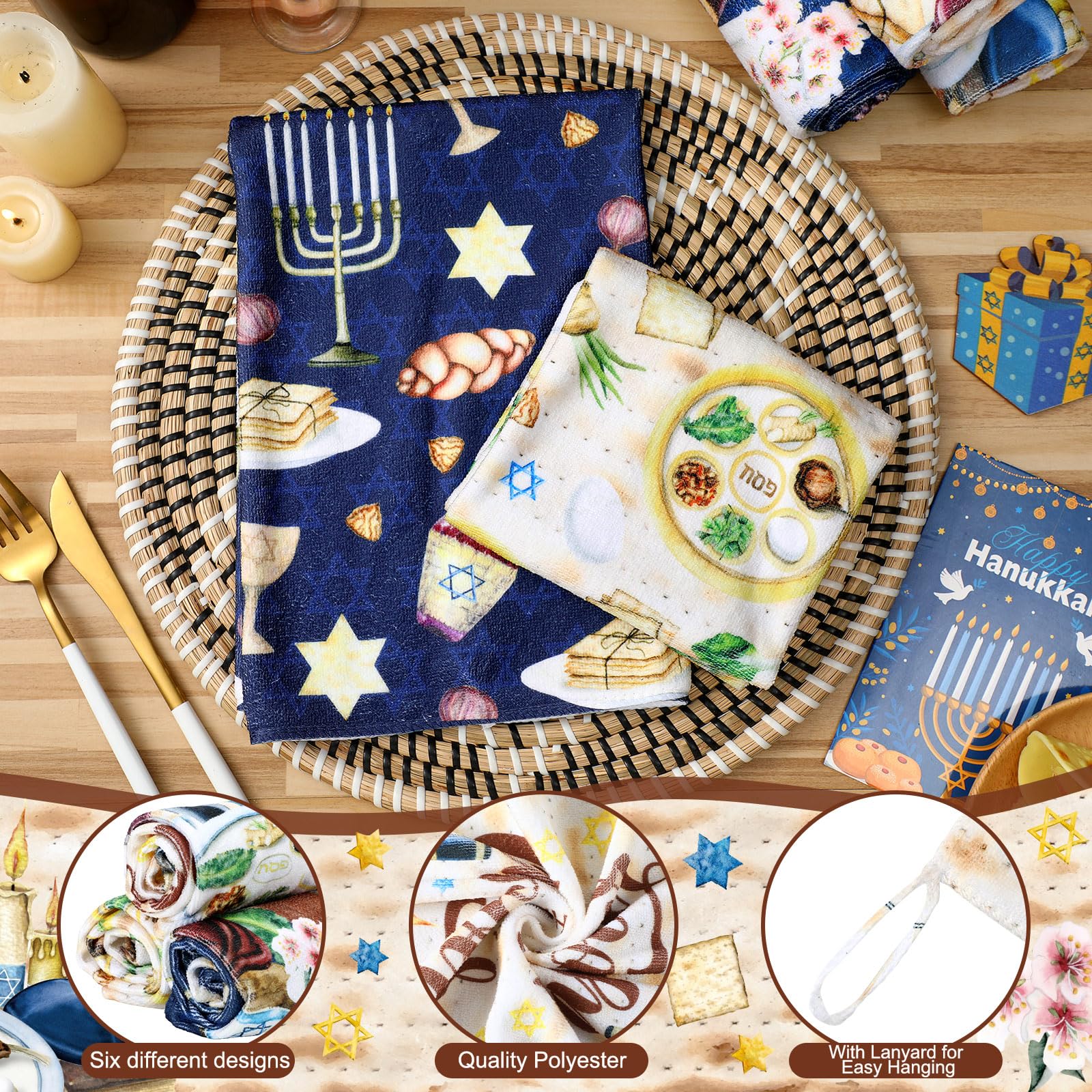 6-Pack Passover Kitchen Towels 14.2x21.3 Inch - Star of David Jewish Holiday Dish Towels for Seder Plate & Party Decor - Kosher Cotton Passover Gift for Jewish Holidays, Home & Festival Celebrations