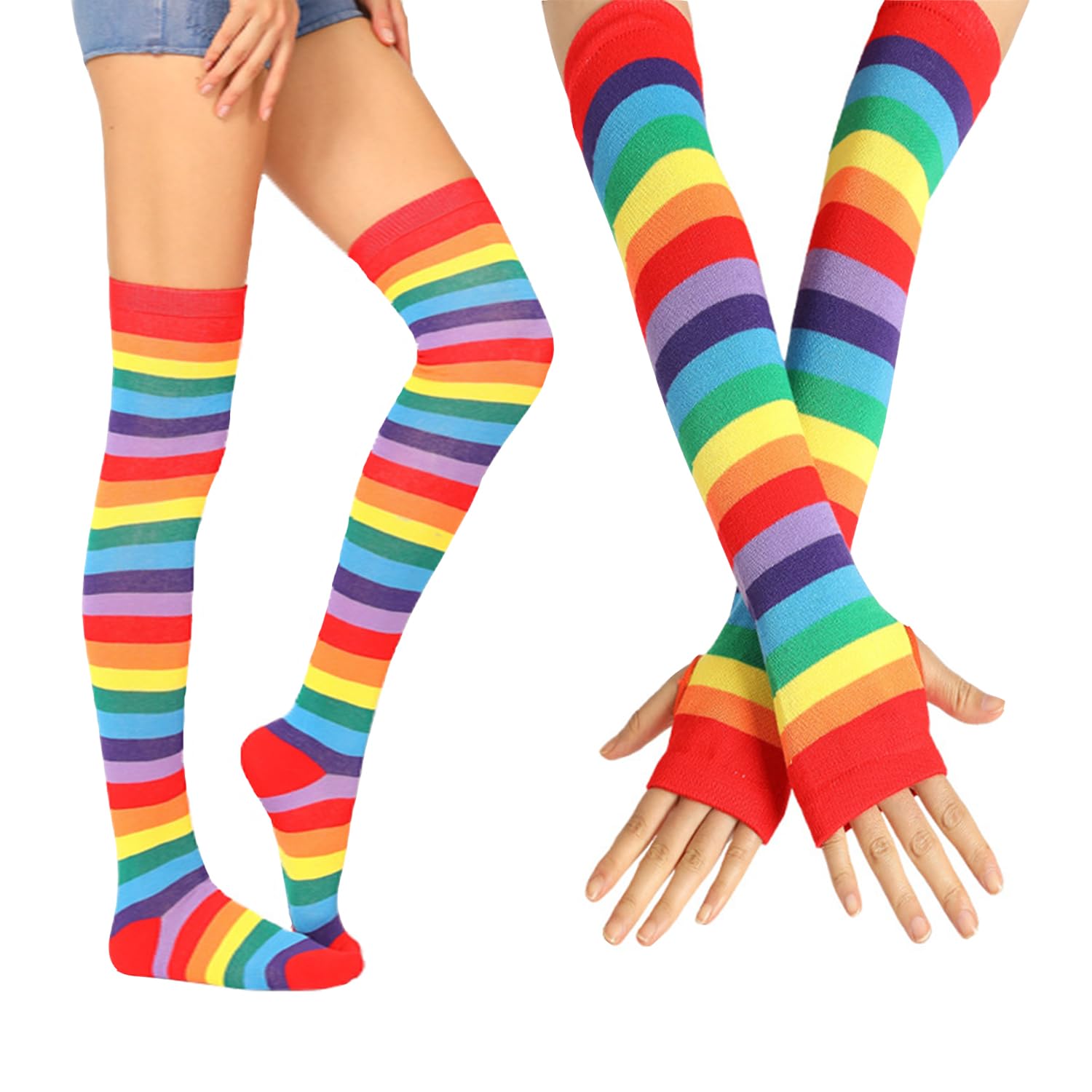 Benefeet Women's Striped Thigh High Socks & Arm Warmers Set - Knee High Stockings with Fingerless Gloves for Halloween Costumes, Cosplay, Winter Fashion and Dance Performances