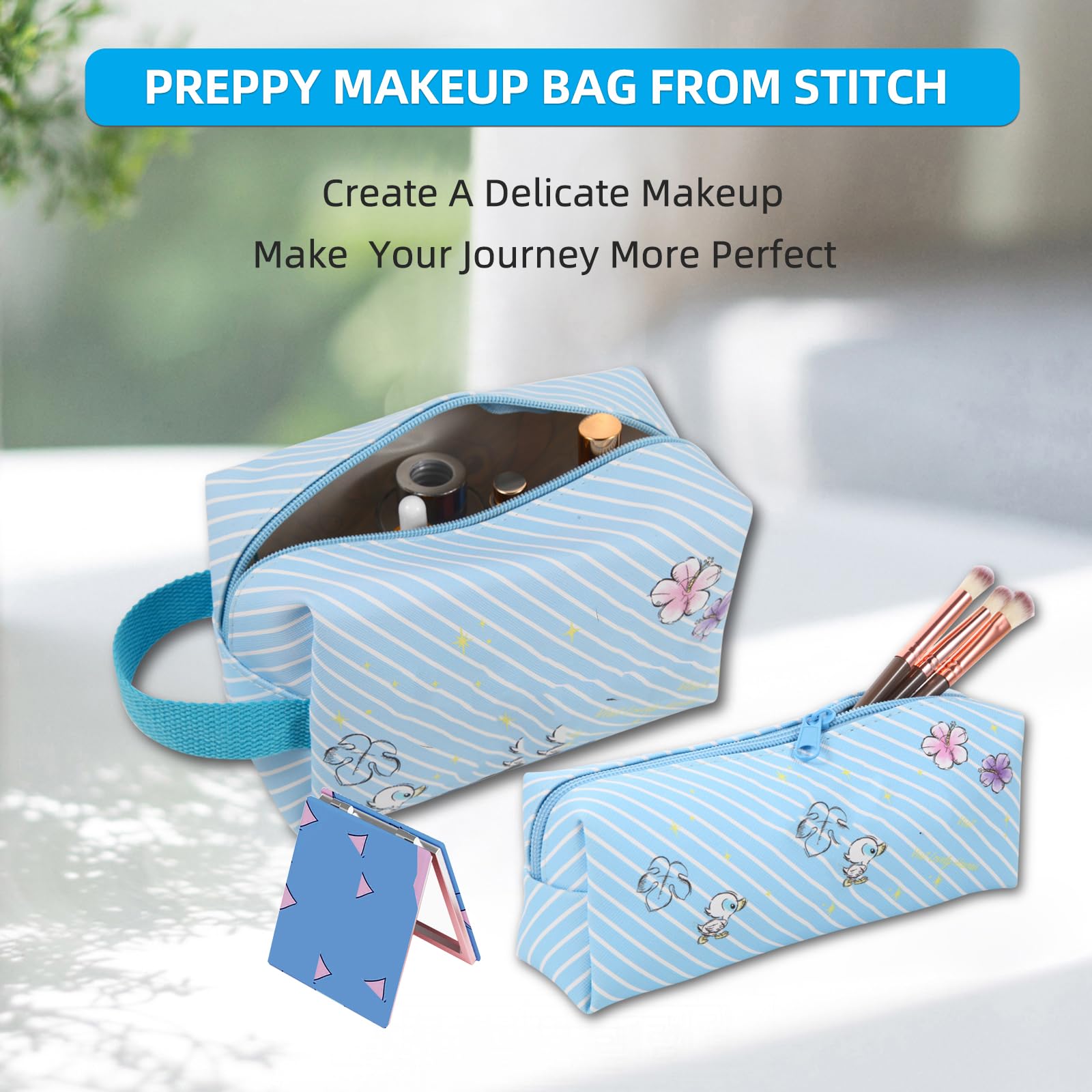 Premium Travel Cosmetic Bag with Double-Sided Mirror & Makeup Brush Pouch - Large Capacity PU Leather Toiletry Organizer for Women | Perfect Gift for Her, Girls, Teens | Ideal for Travel, Gym, Vacation & Daily Makeup Storage (Blue)