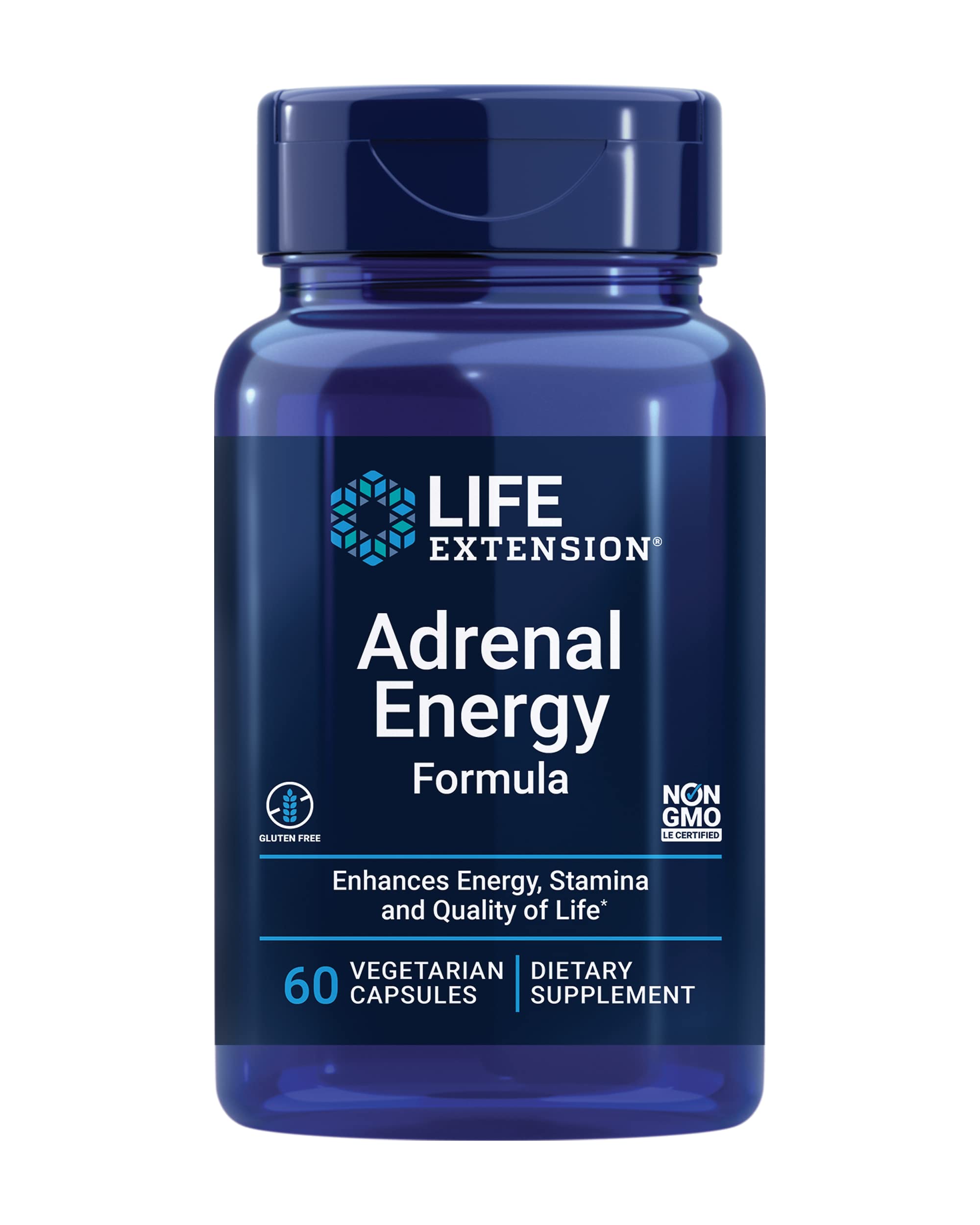 Life Extension Adrenal Energy Formula - Stress Relief Supplement with Holy Basil, Cordyceps, Bacopa & Ashwagandha | Gluten Free, Non-GMO, Vegetarian | 60 Capsules | Boost Energy & Combat Fatigue for Busy Professionals
